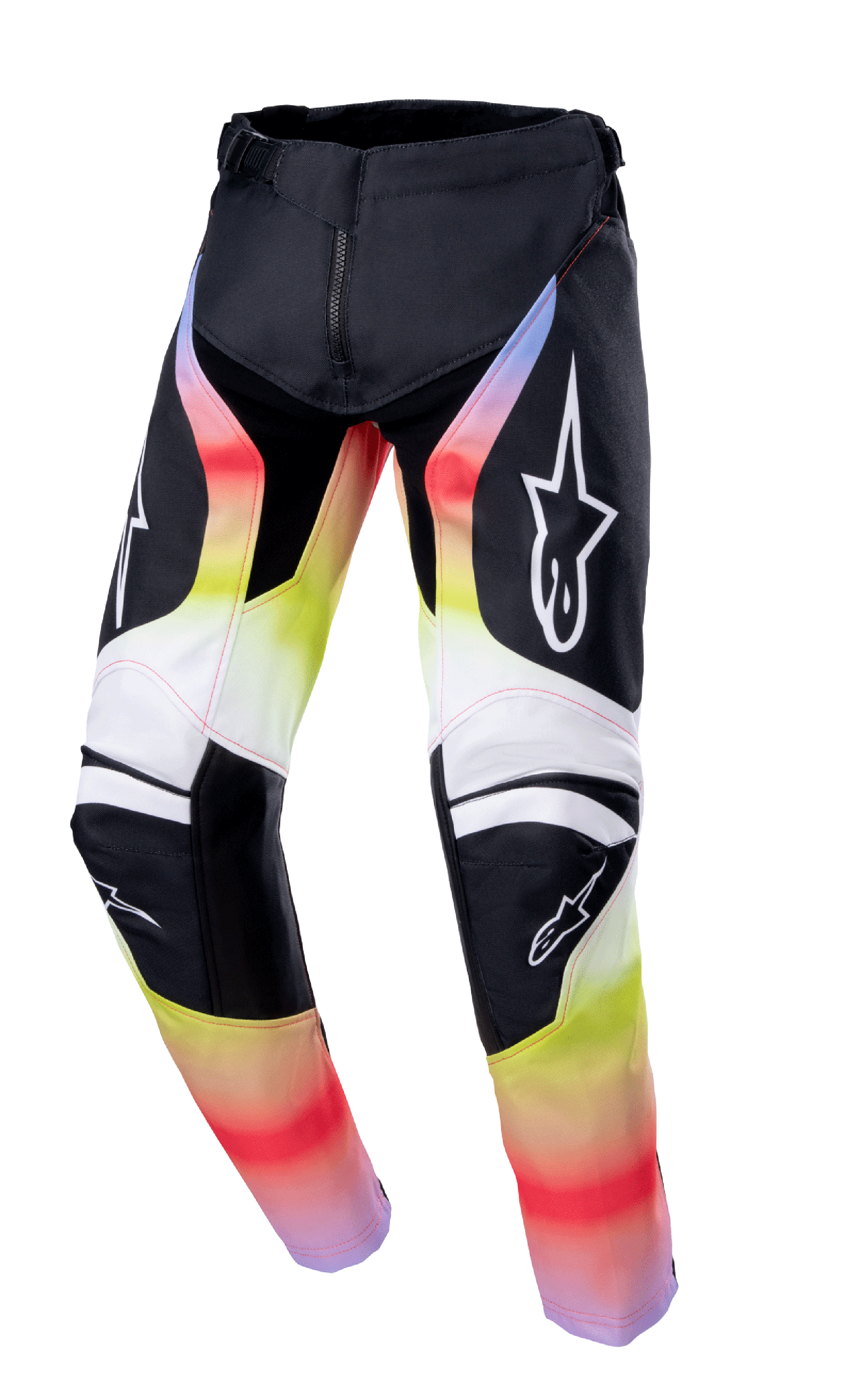 Alpinestars 2023 Youth Racer Semi Hose, Motocross-Hose für Jugendliche, Schwarz mit rot-gelb-weißem Farbverlauf, Stern-Logos auf Oberschenkeln und Knien, technisches Design mit verstärktem Knieschutz