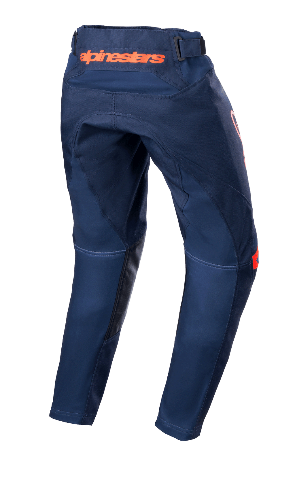 Alpinestars 2023 Youth Racer Narin Hose, Motocross-Hose, Night Navy und Hot Orange, Rückansicht mit orangefarbenem Alpinestars-Branding am Bund und schwarzen Lederverstärkungen an der Beininnenseite, strapazierfähiges Textildesign für das Geländefahren