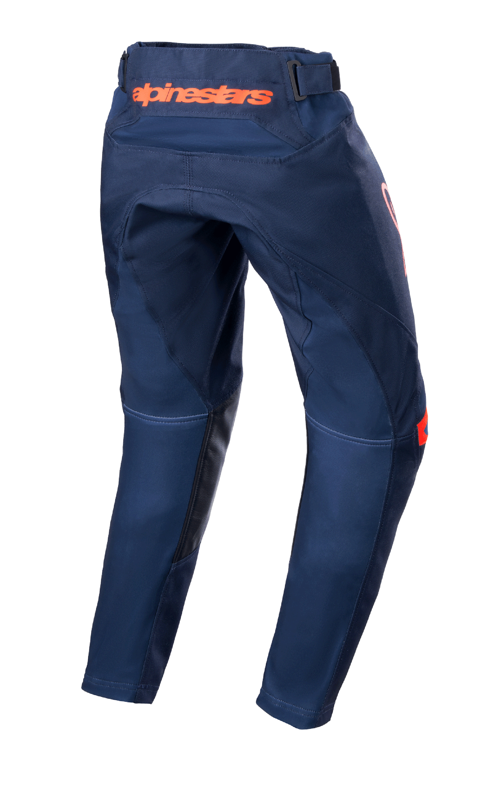 Alpinestars 2023 Youth Racer Narin Hose, Motocross-Hose, Night Navy und Hot Orange, Rückansicht mit orangefarbenem Alpinestars-Branding am Bund und schwarzen Lederverstärkungen an der Beininnenseite, strapazierfähiges Textildesign für das Geländefahren