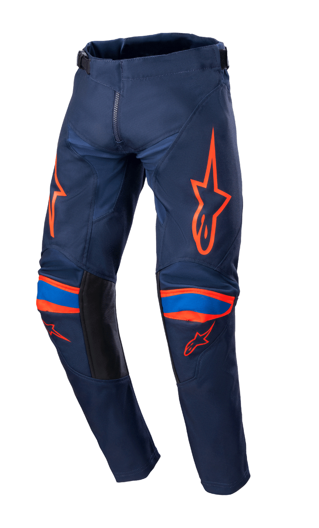 Alpinestars 2023 Youth Racer Narin Hose, Motocross-Hose für Jugendliche, Dunkelblau und leuchtendes Orange mit blauen Akzenten, orangefarbene Logo-Grafiken auf Oberschenkeln und Knien, schwarze Innenbein-Paneele, strapazierfähige Textilkonstruktion für Offroad-Rennsport