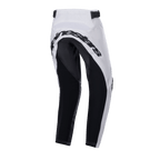 Alpinestars 2024 Youth Racer Lucent Hose, Motocross-Hose, Weiß und Schwarz, Rückansicht mit großen schwarzen verstärkten Einsätzen an Gesäß und Beininnenseiten, Alpinestars-Schriftzug auf der Rückseite und verstellbare Taillenriemen für den Gelände-Einsatz.
