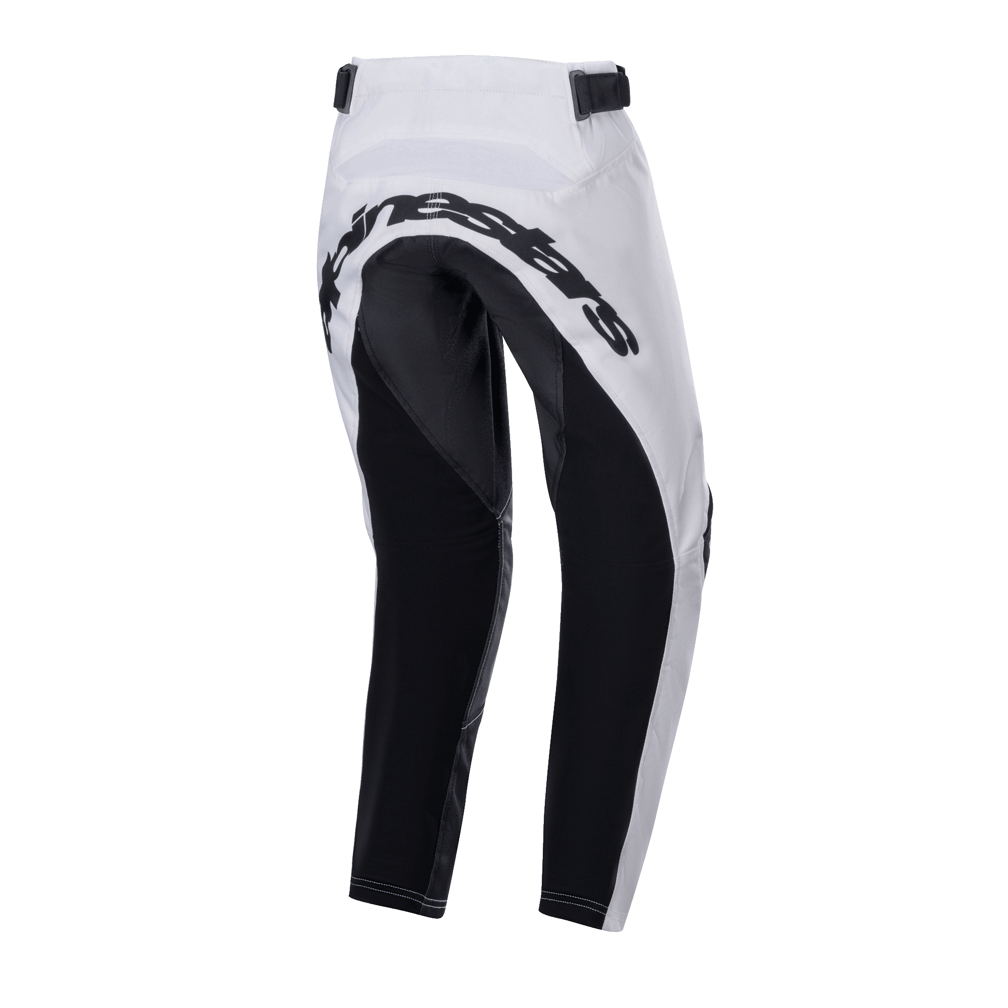 Alpinestars 2024 Youth Racer Lucent Hose, Motocross-Hose, Weiß und Schwarz, Rückansicht mit großen schwarzen verstärkten Einsätzen an Gesäß und Beininnenseiten, Alpinestars-Schriftzug auf der Rückseite und verstellbare Taillenriemen für den Gelände-Einsatz.