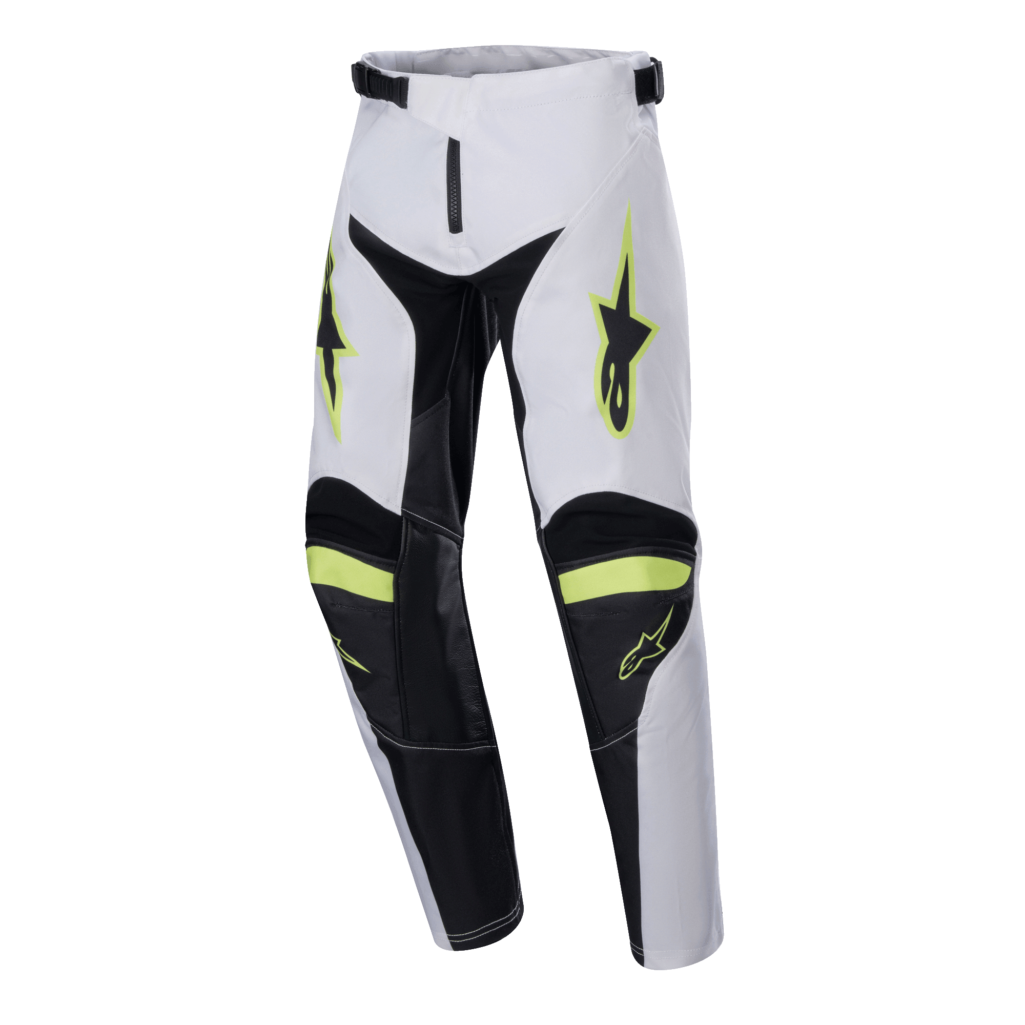 Alpinestars Youth 2024 Racer Lucent Hose, Motocross-Hose, Weiß, Schwarz und Fluo-Gelb, Stern-Logos an den Oberschenkeln, schwarze Einsätze an den Beininnenseiten und Knien, sportliches, vorgeformtes Design für Motocross-Performance