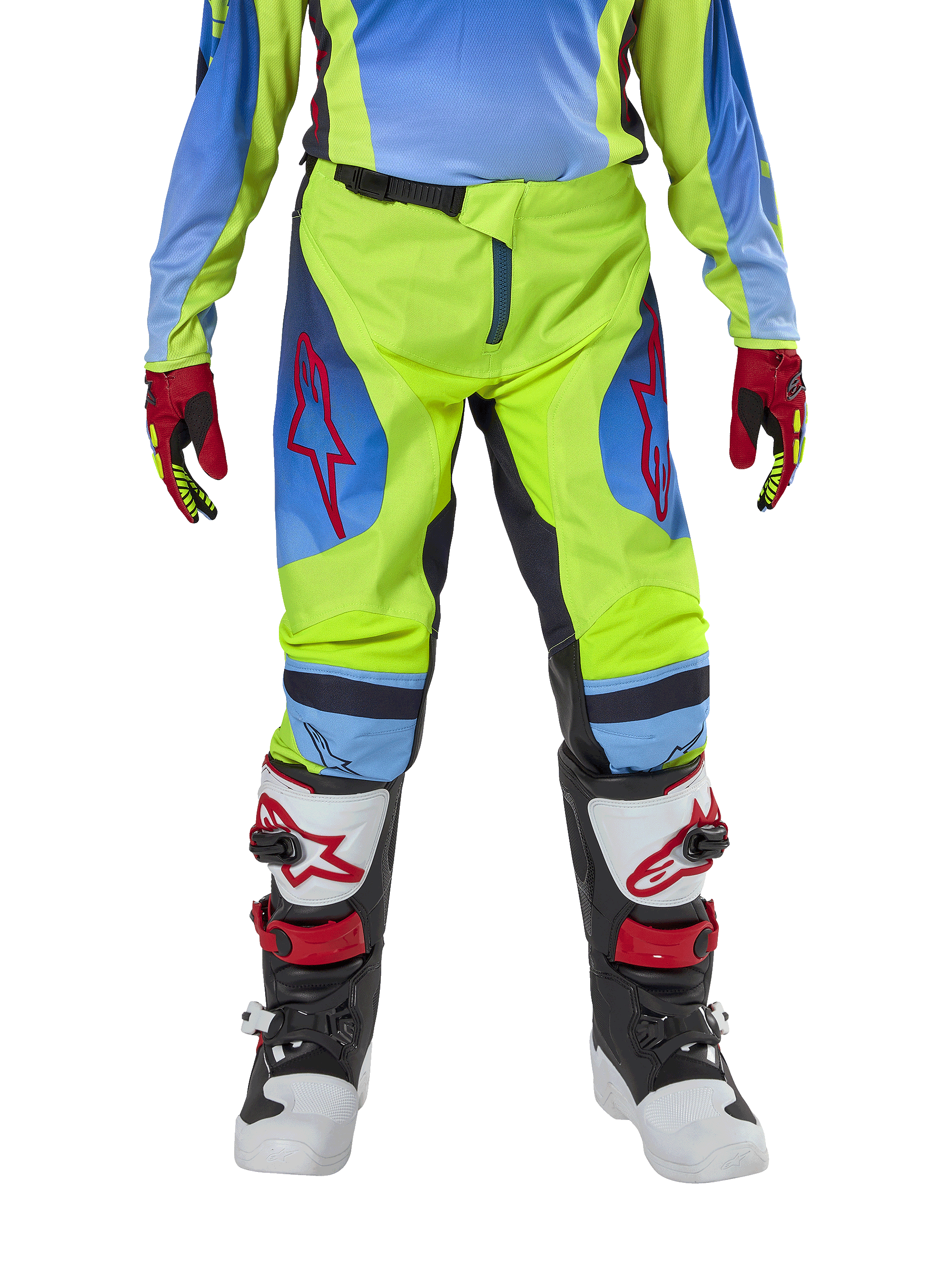 Alpinestars Youth 2024 Racer Hoen Pants, Motocross Pants, Yellow Fluo and Blue Night Navy, featuring red star logos on the thighs, worn with matching jersey, red and black gloves, and white, black, and red motocross boots, durable gear for off-road riding