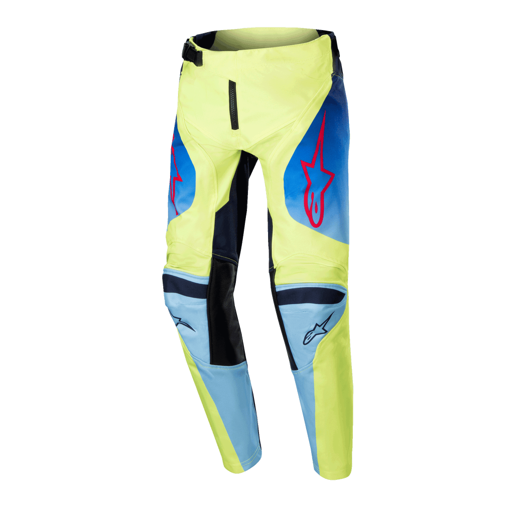 Alpinestars 2024 Youth Racer Hoen Pants, Motocross Pants, Yellow Fluo and Blue Night Navy, featuring red Alpinestars star logos, navy blue panels, and black reinforced knees, sporty design for off-road racing
