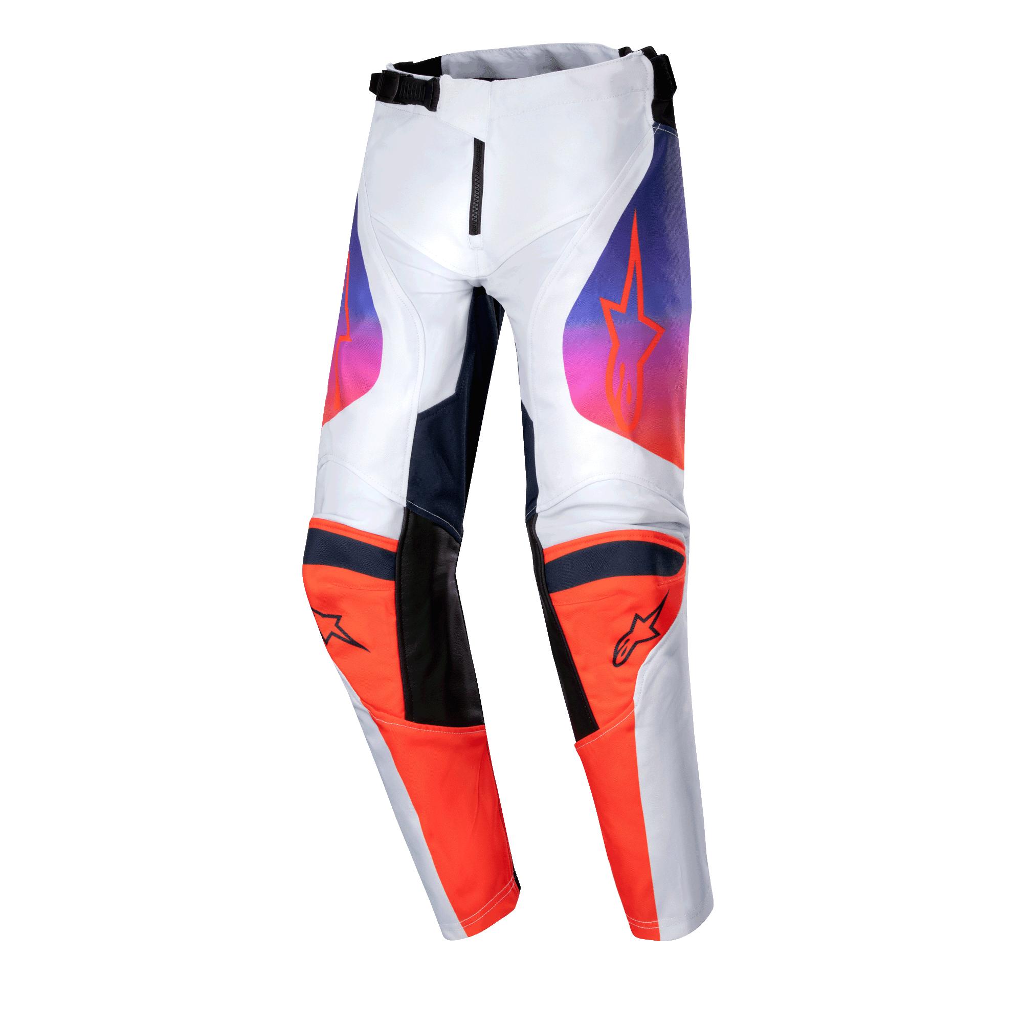 Alpinestars 2024 Youth Racer Hoen Hose, Jugend-Motocross-Hose, Hellgrau, Hot Orange und Schwarz, mit leuchtend orangefarbenen Knieeinsätzen, schwarzen Logos und Grafiken mit violett-orangefarbenem Farbverlauf an den Oberschenkeln, ergonomisches, vorgeformtes Design für den Offroad-Rennsport