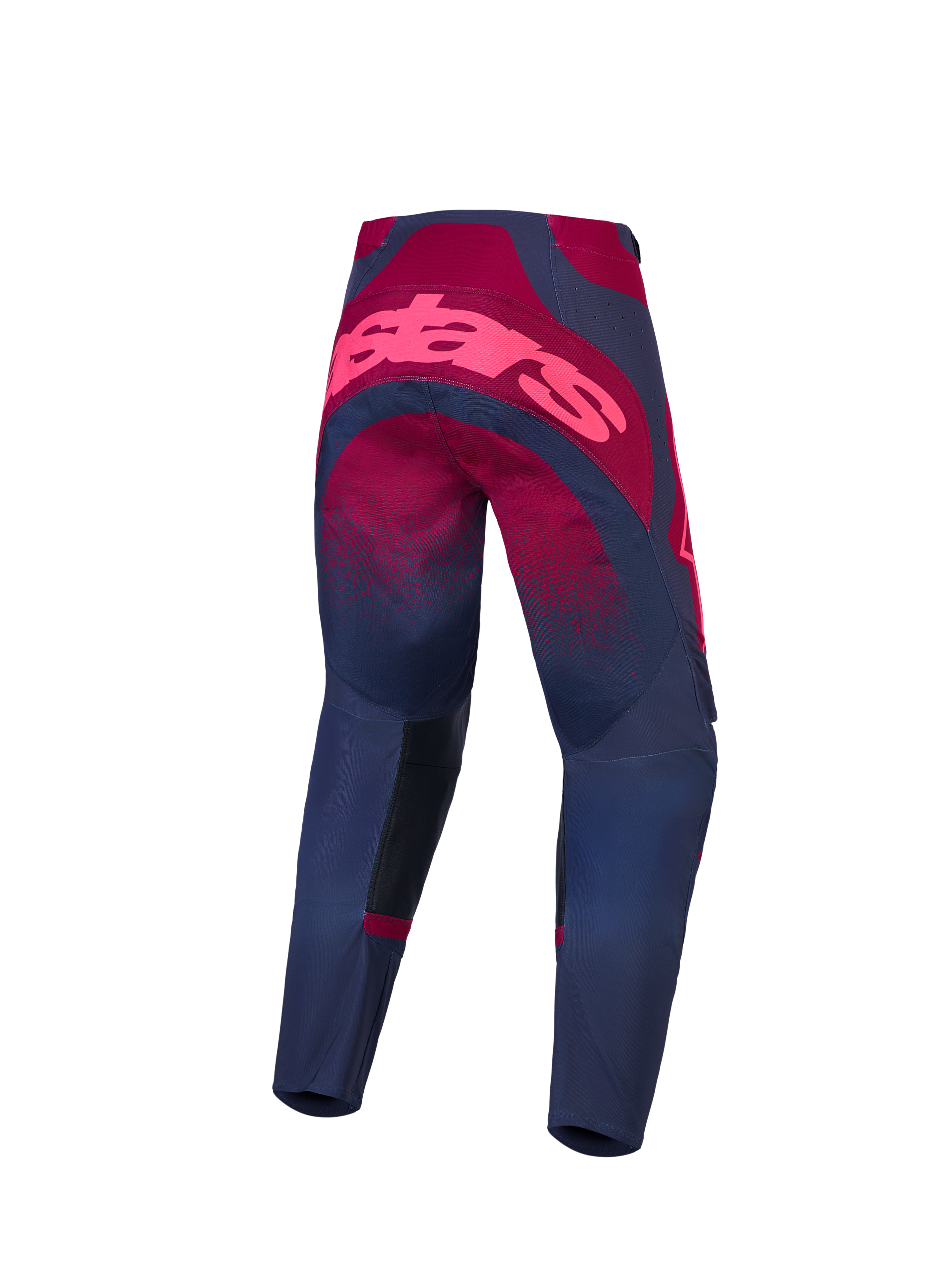 Alpinestars Stella Techstar Swan Hose und Gear Set, Damen-Motocross-Ausrüstung in Karmesinrot und Dunkelgrau, Rückansicht mit Rennschnitt.