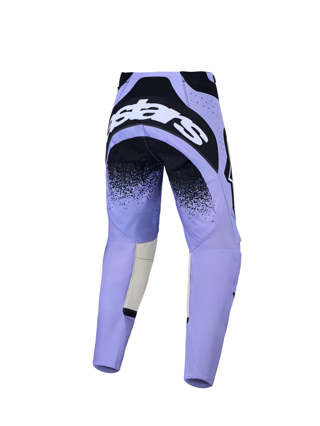 Alpinestars Stella Techstar Swan broek, dames motorcrossbroek in paars en zwart, achteraanzicht met versterkt zitvlak.