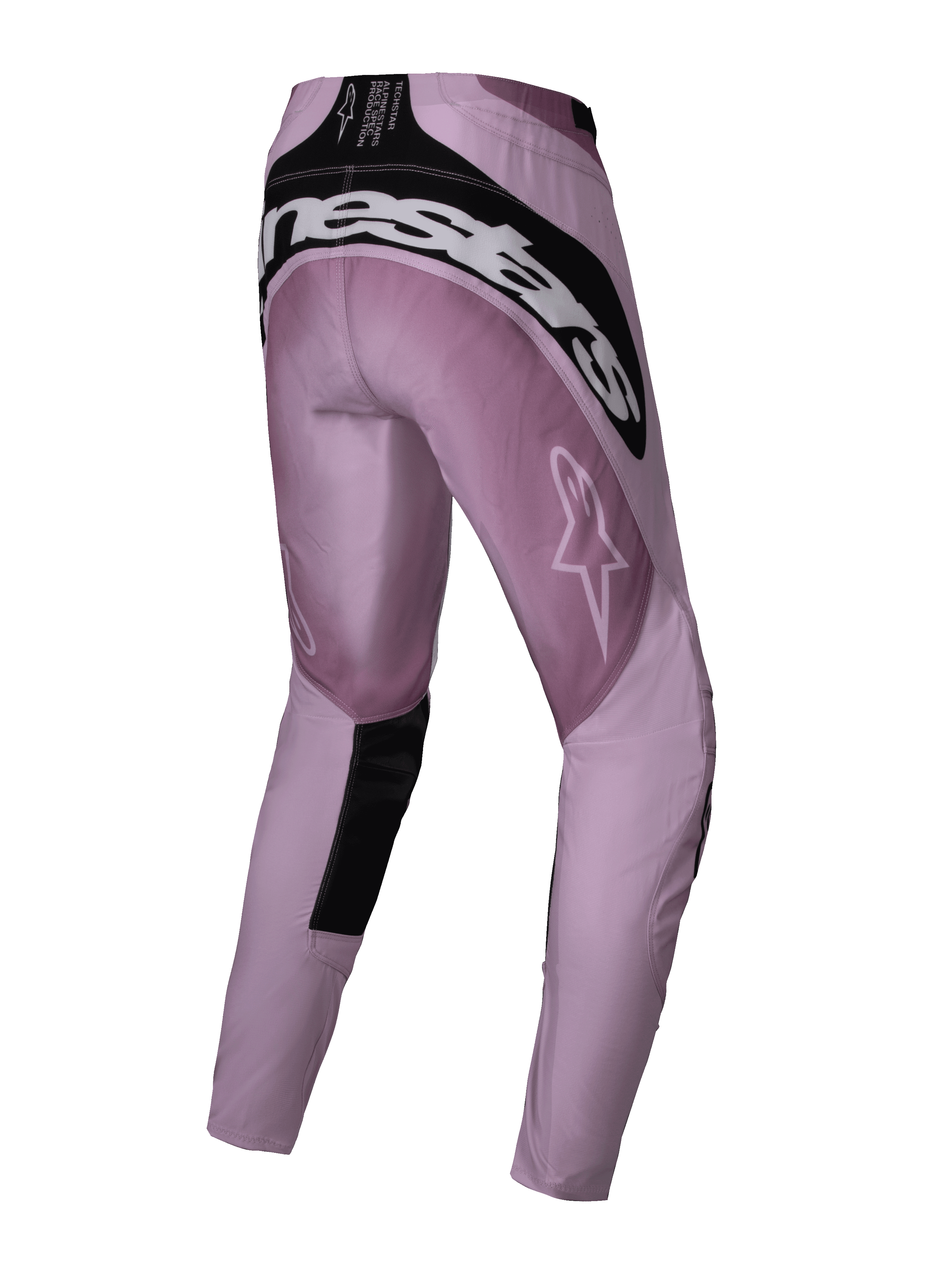 Alpinestars 2025 Stella Techstar Melt Damen-Hose, Motocross-Hose, Blush und Schwarz, Dreiviertel-Rückansicht mit weißem Alpinestars-Branding auf der Rückseite, pinkfarbenes Ripstop-Gewebe mit schwarzen Akzenten, entwickelt für Performance-Offroad-Rennsport
