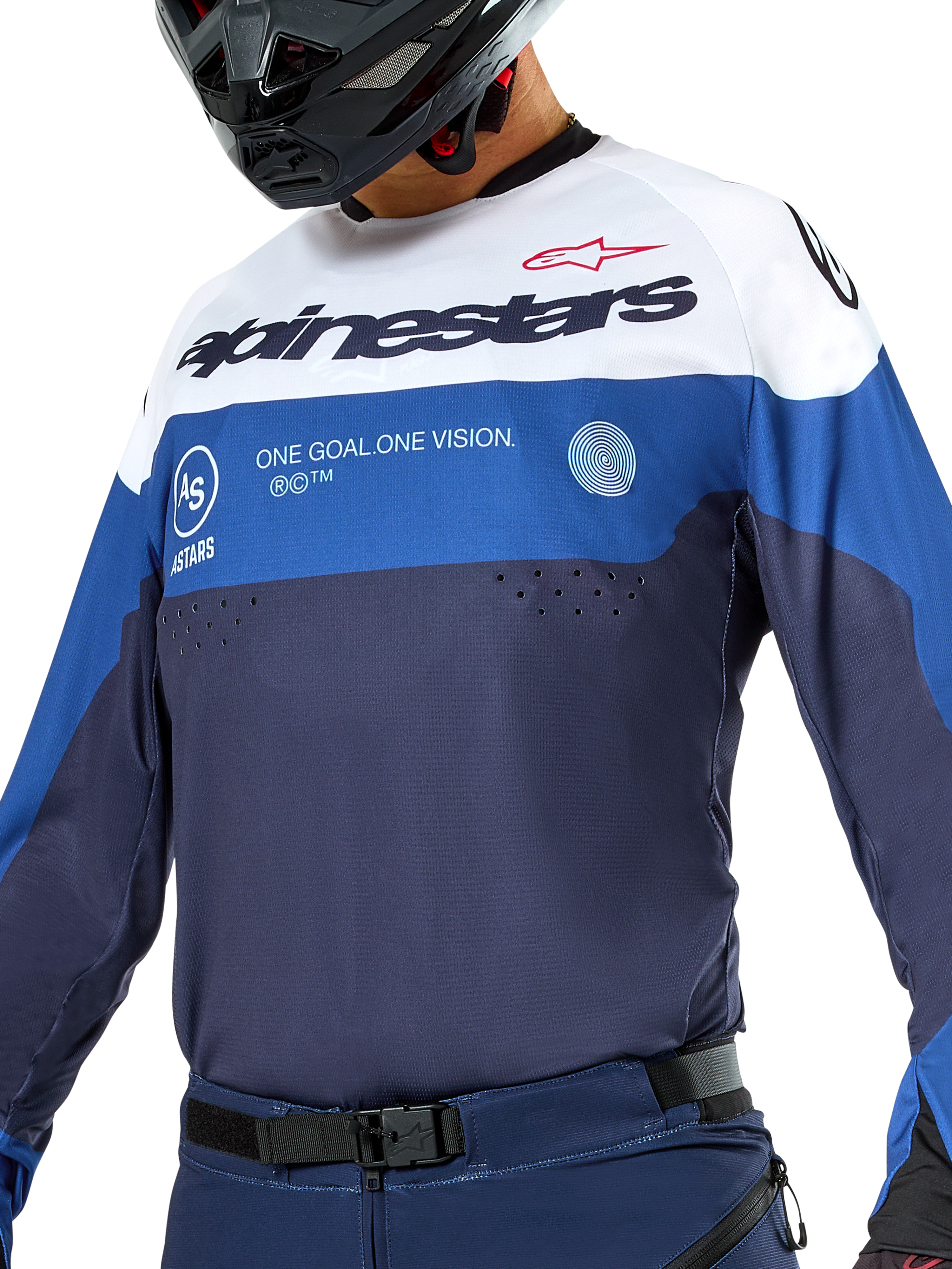 Alpinestars Pro-Dura Trikot, Enduro- und Motocross-Trikot, Navy, Hellblau und Weiß, sportliche Passform mit markantem Branding, strapazierfähige Textilkonstruktion für Offroad-Performance