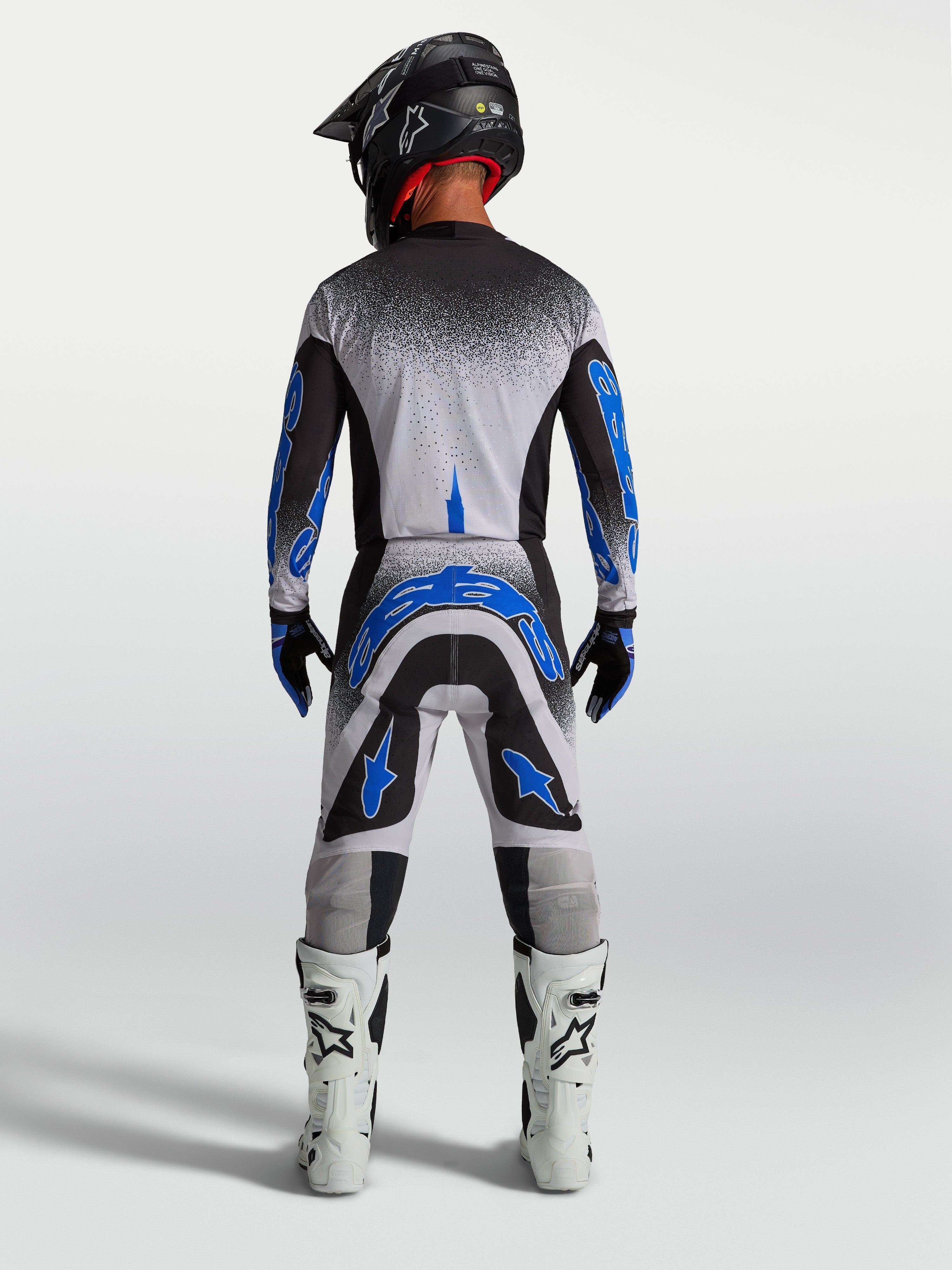 Alpinestars Supertech Hiten AFD Trikot und Gear Set, Herren Motocross-Outfit in Schwarz, Weiß und Blau für Performance.