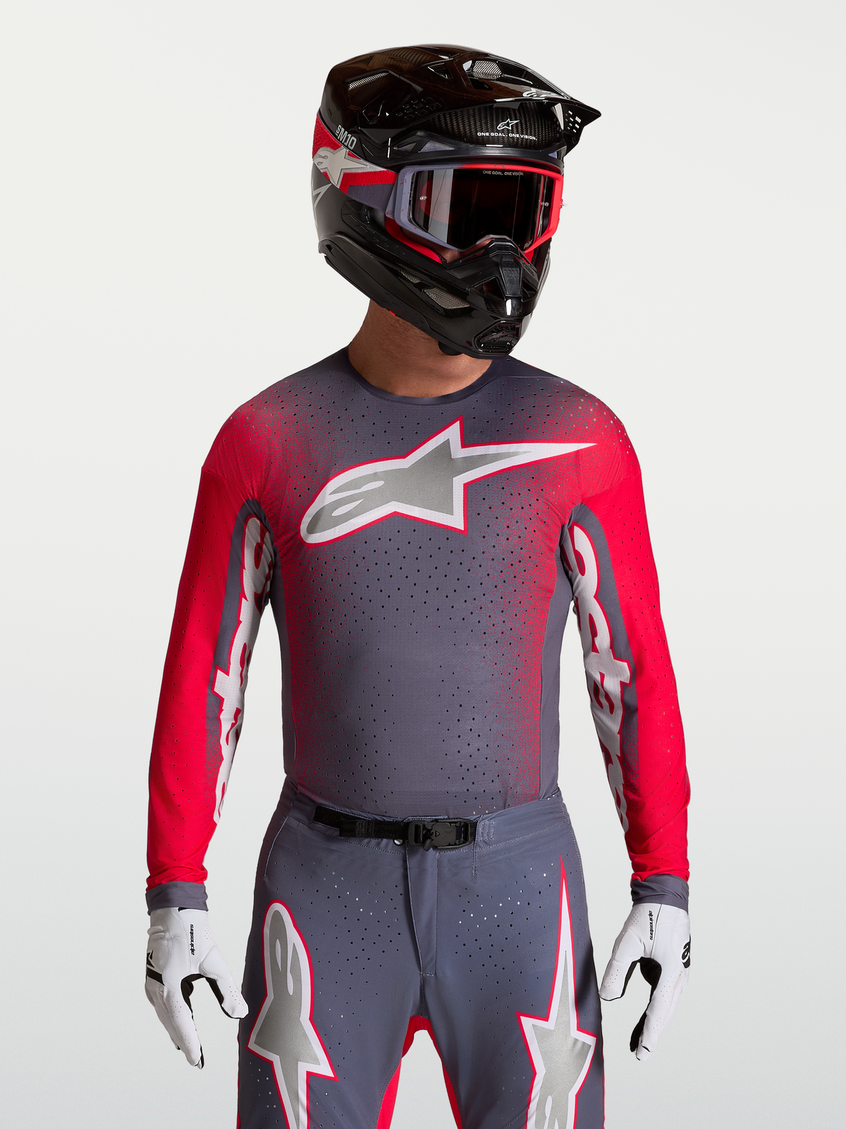 Alpinestars Supertech Hiten AFD Trikot, Motocross-Trikot für Herren, Grau und Fluoreszierendes Rot, belüftetes Mesh-Gewebe.