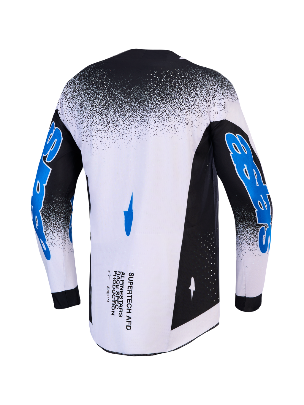 Alpinestars Supertech Hiten AFD Trikot, Motocross-Renntrikot für Herren, athletische Pro-Racing-Passform, Schwarz und Weiß mit blauen Ärmelgrafiken, Rückansicht mit lasergeschnittener Belüftung.