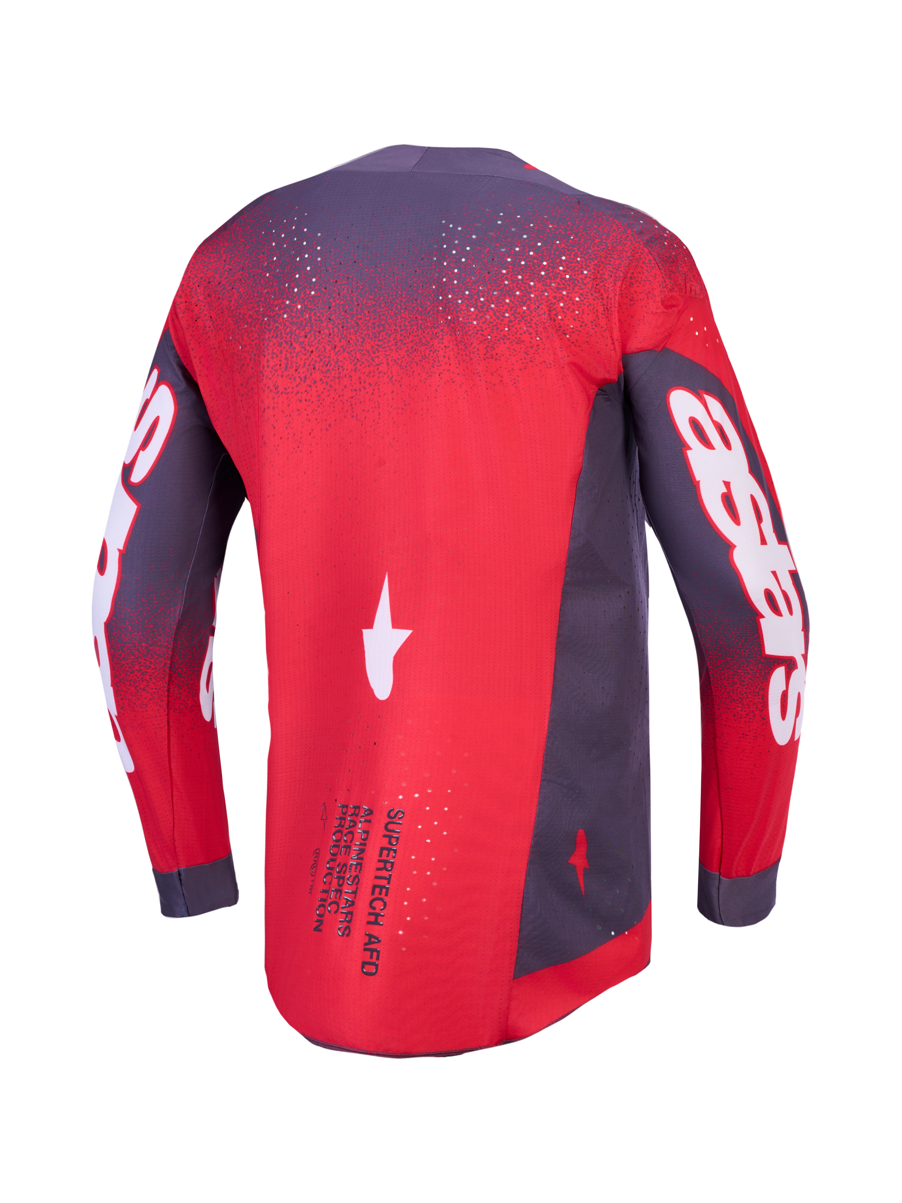 Alpinestars Supertech Hiten AFD jersey, geventileerde heren-motorcrossjersey, fluo rood en grijs, achteraanzicht.