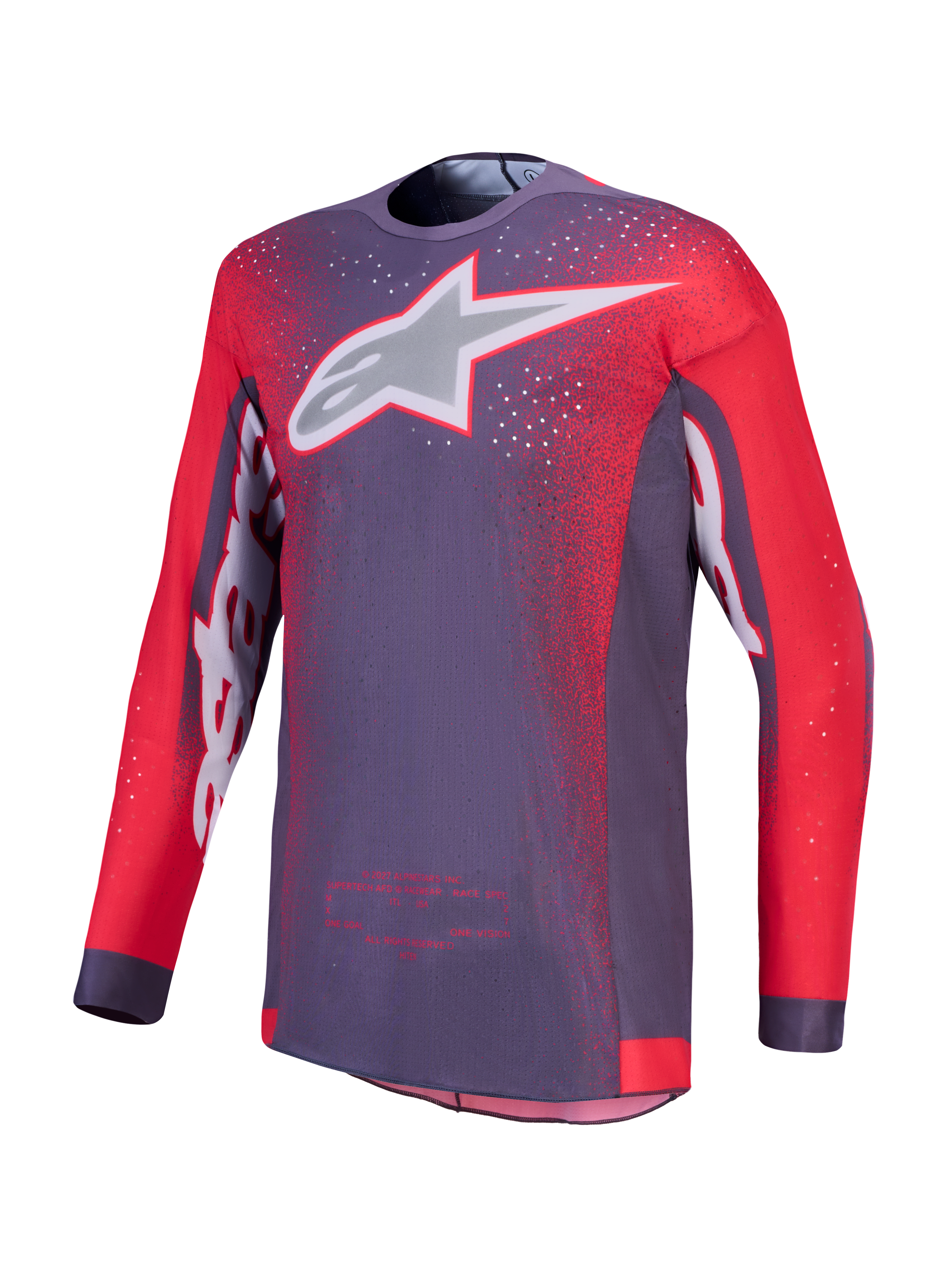 Alpinestars Supertech Hiten AFD motorcrossjersey voor heren, grijs en fluo rood, geventileerd stretch-mesh.
