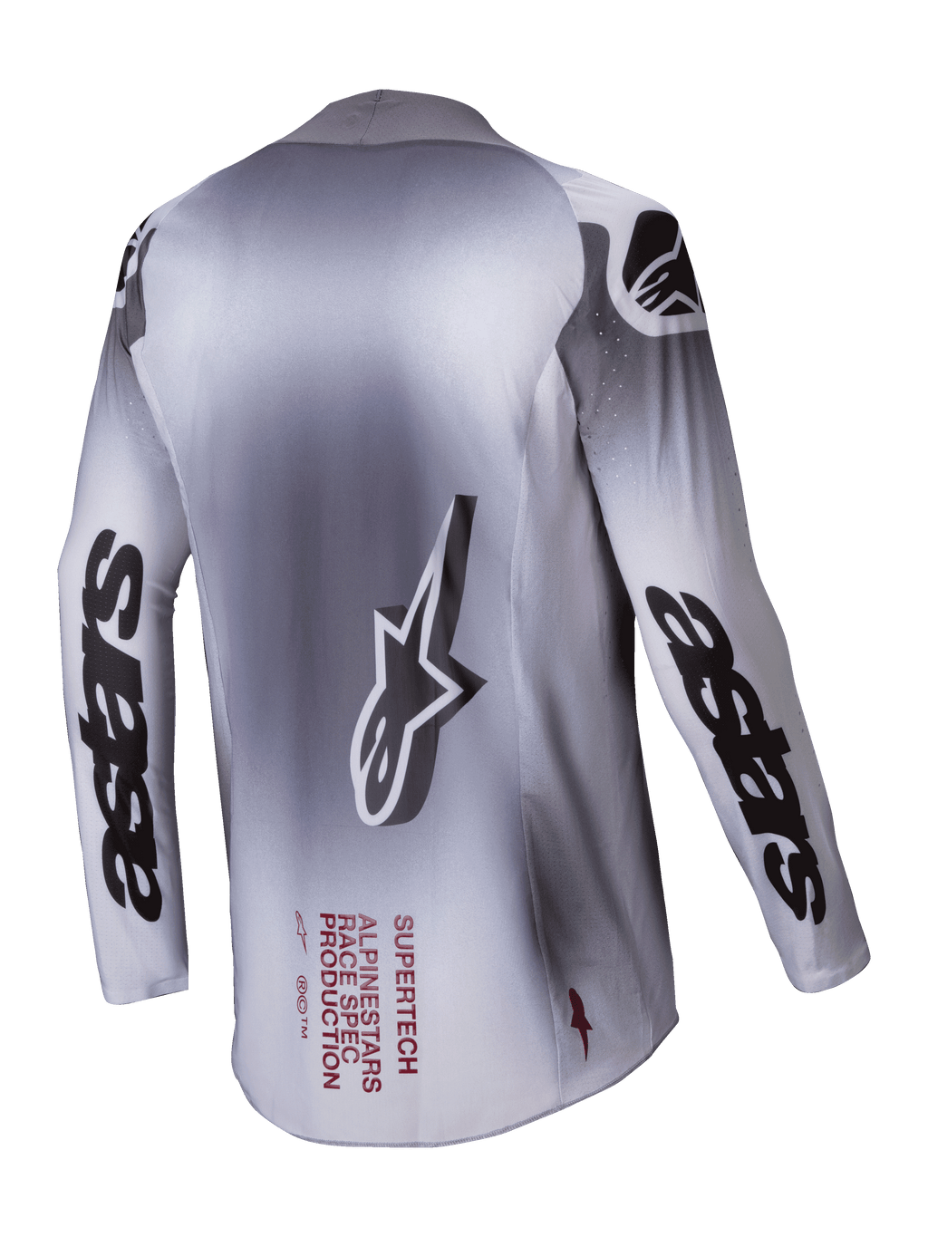 Alpinestars Supertech Maker Jersey, heren motocross jersey, zilver en zwart, achteraanzicht met stretchmesh constructie en branding