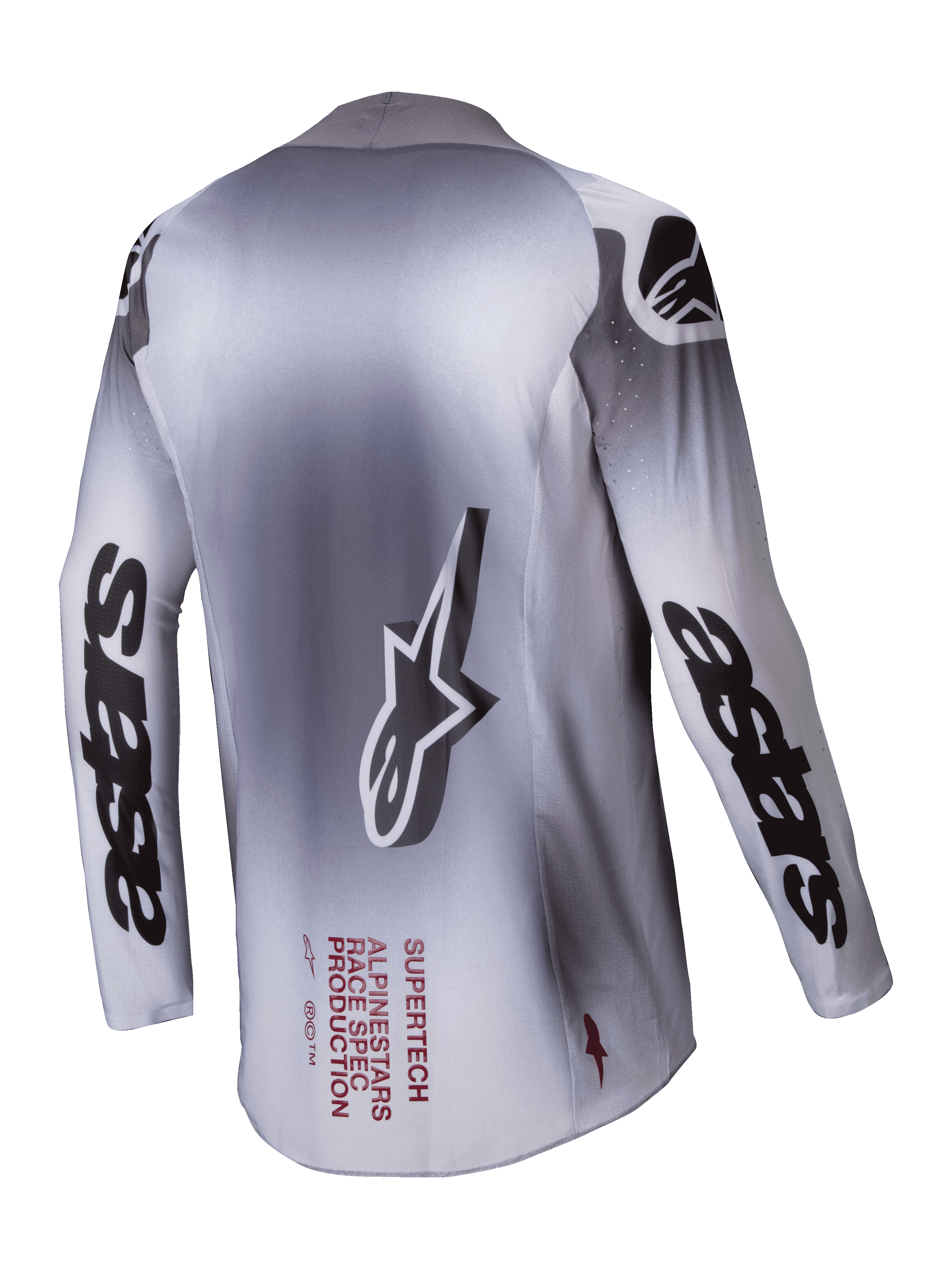 Alpinestars Supertech Maker Jersey, heren motocross jersey, zilver en zwart, achteraanzicht met stretchmesh constructie en branding