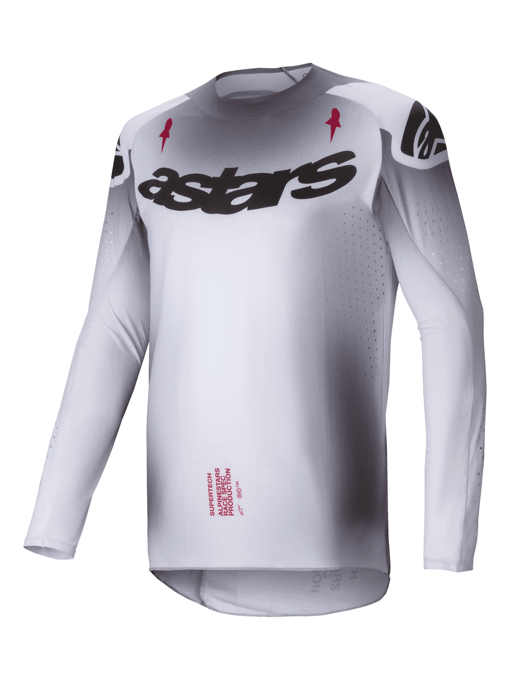 Alpinestars Supertech Maker Jersey 2025, motocross jersey, zilver en zwart, lichtgewicht stretch mesh-constructie met atletische racepasvorm