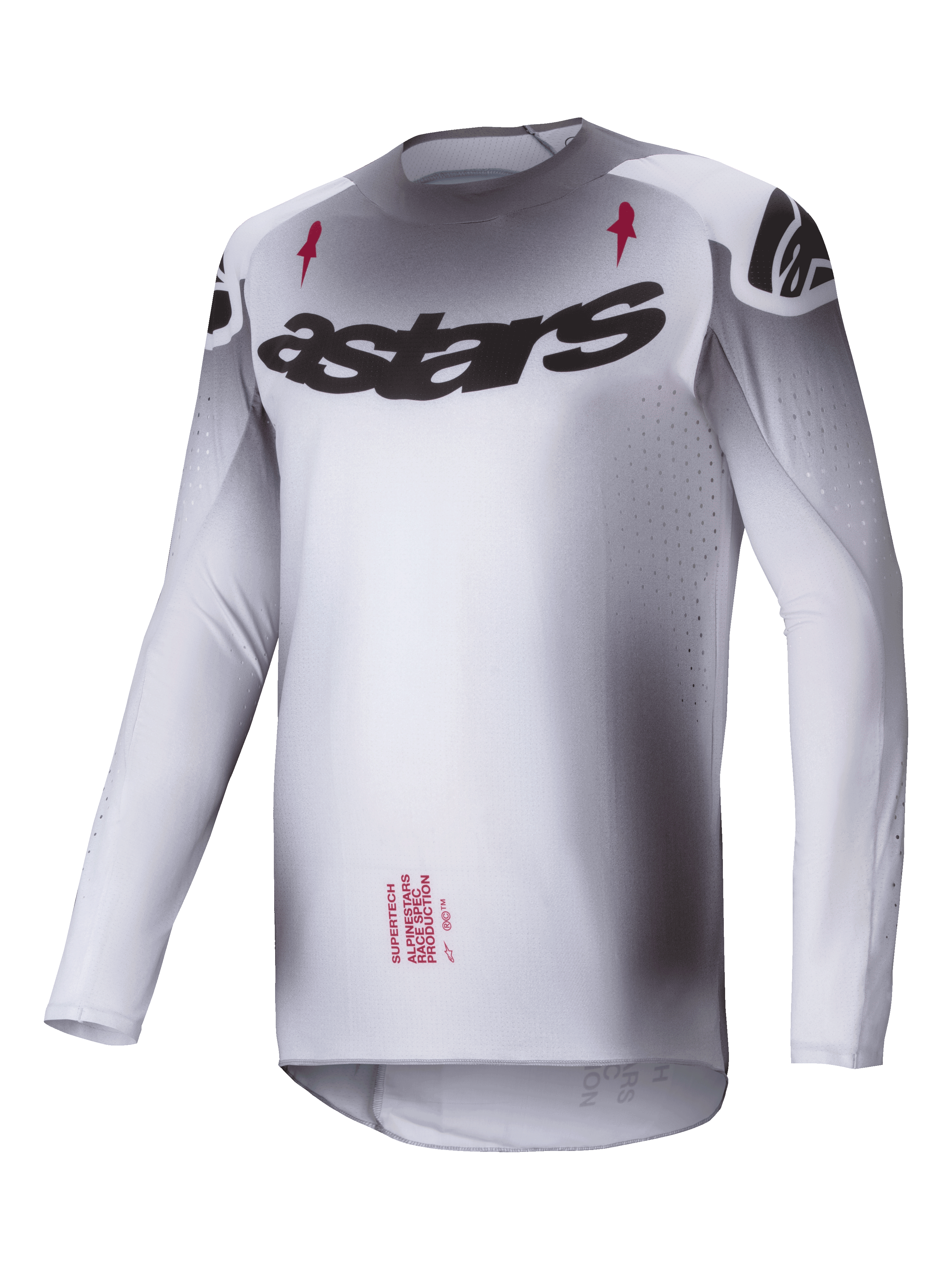 Alpinestars Supertech Maker Jersey 2025, motocross jersey, zilver en zwart, lichtgewicht stretch mesh-constructie met atletische racepasvorm