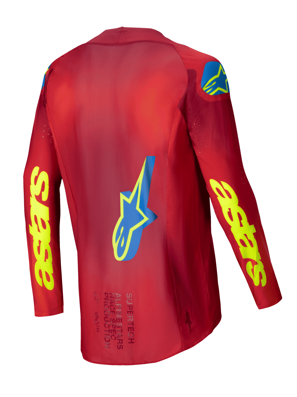 Alpinestars Supertech Maker Jersey 2025, motocross jersey, felrood en geel, achteraanzicht met stretchmesh constructie en grafische details