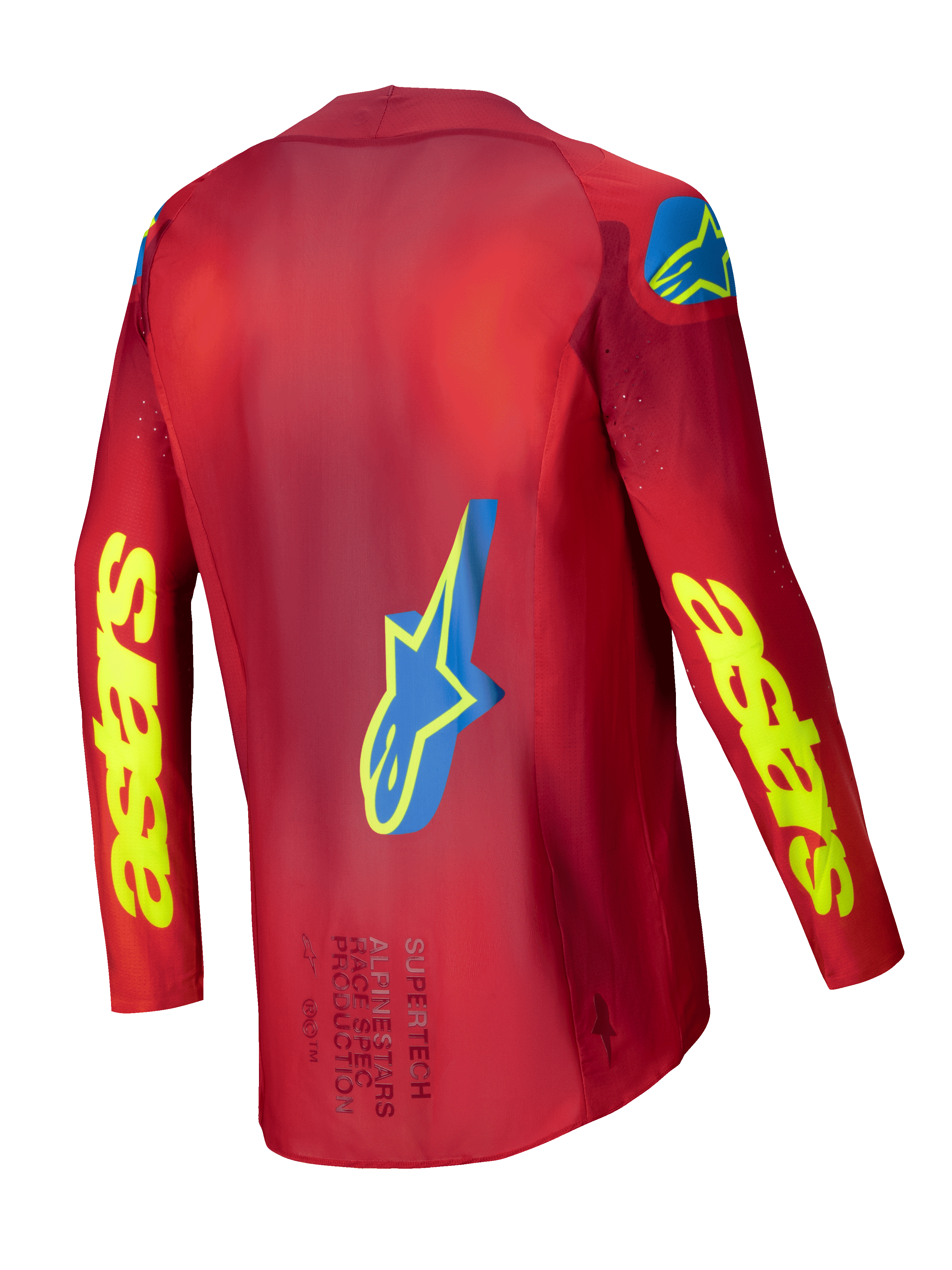 Alpinestars Supertech Maker Jersey 2025, motocross jersey, felrood en geel, achteraanzicht met stretchmesh constructie en grafische details