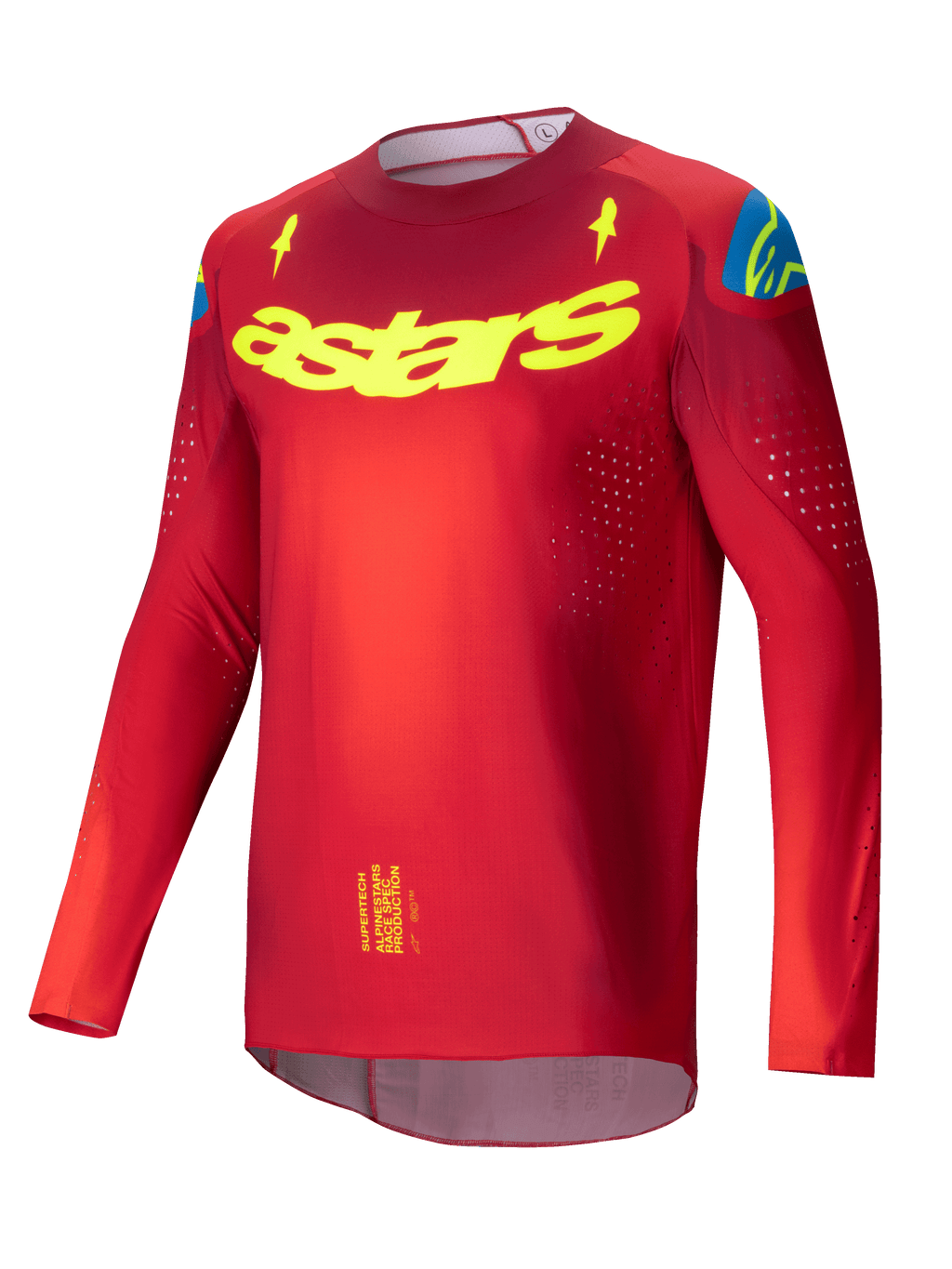 Alpinestars Supertech Maker Jersey 2025, rood en geel fluo motocross jersey met lange mouwen, geventileerd stretchmesh