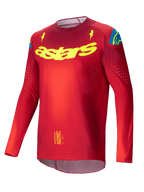 Alpinestars Supertech Maker Jersey 2025, rood en geel fluo motocross jersey met lange mouwen, geventileerd stretchmesh
