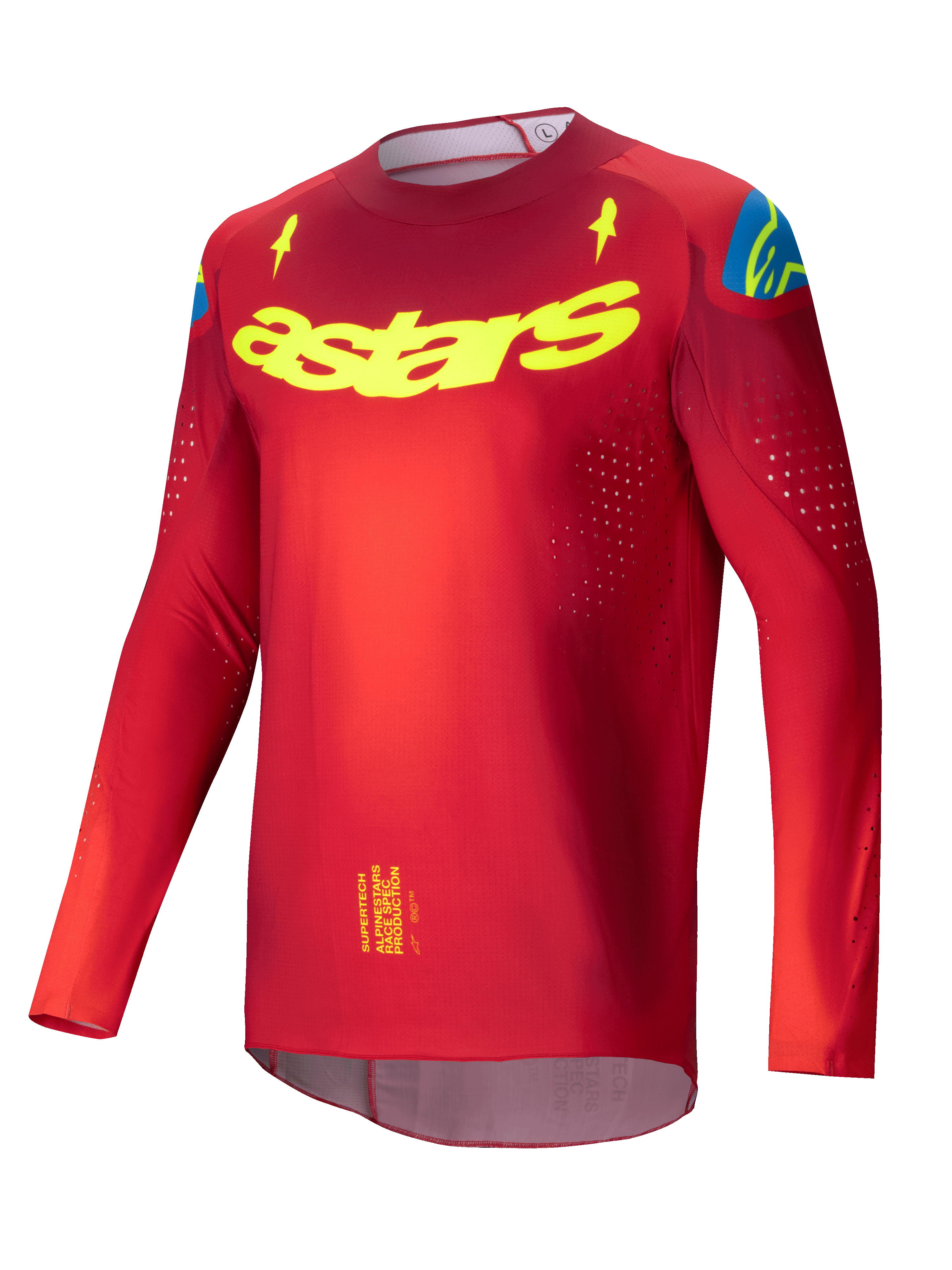 Alpinestars Supertech Maker Jersey 2025, rood en geel fluo motocross jersey met lange mouwen, geventileerd stretchmesh