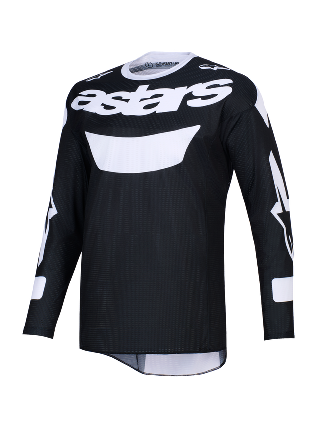 Alpinestars 2026 Racer Air Riway Jersey, Black and White Motocross Jersey, featuring bold white astars branding on the chest, lightweight mesh fabric for high airflow, long sleeves, and an athletic fit for off-road performance.