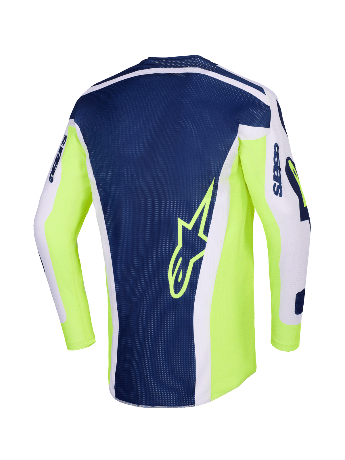 Alpinestars 2026 Racer Air Riway Jersey, maillot de motocross, gris clair, jaune fluo et bleu, vue arrière présentant un panneau central bleu marine avec un logo étoile jaune, des côtés jaune fluo et des manches gris clair pour la performance tout-terrain.