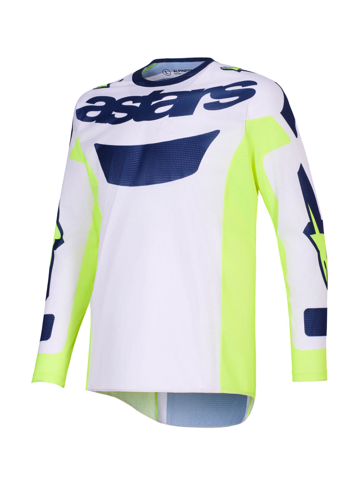 Alpinestars 2026 Racer Air Riway Jersey, maillot de motocross, gris clair avec accents jaune fluo et bleu, marquage « astars » sur la poitrine, panneaux latéraux jaune fluo, construction en maille respirante pour la performance tout-terrain