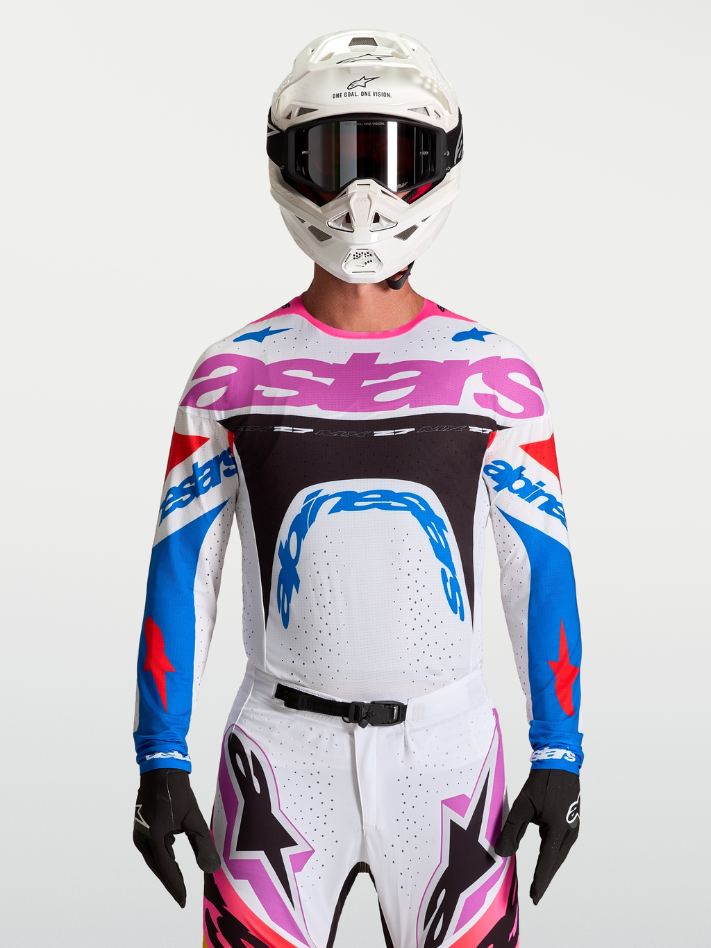 Alpinestars Supertech Dyna, maillot de motocross pour homme, blanc et bleu, maille extensible et respirante