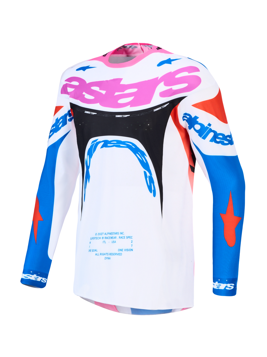 Alpinestars Supertech Dyna Men's Motocross Jersey, White and Blue with Pink, lightweight breathable stretch mesh.