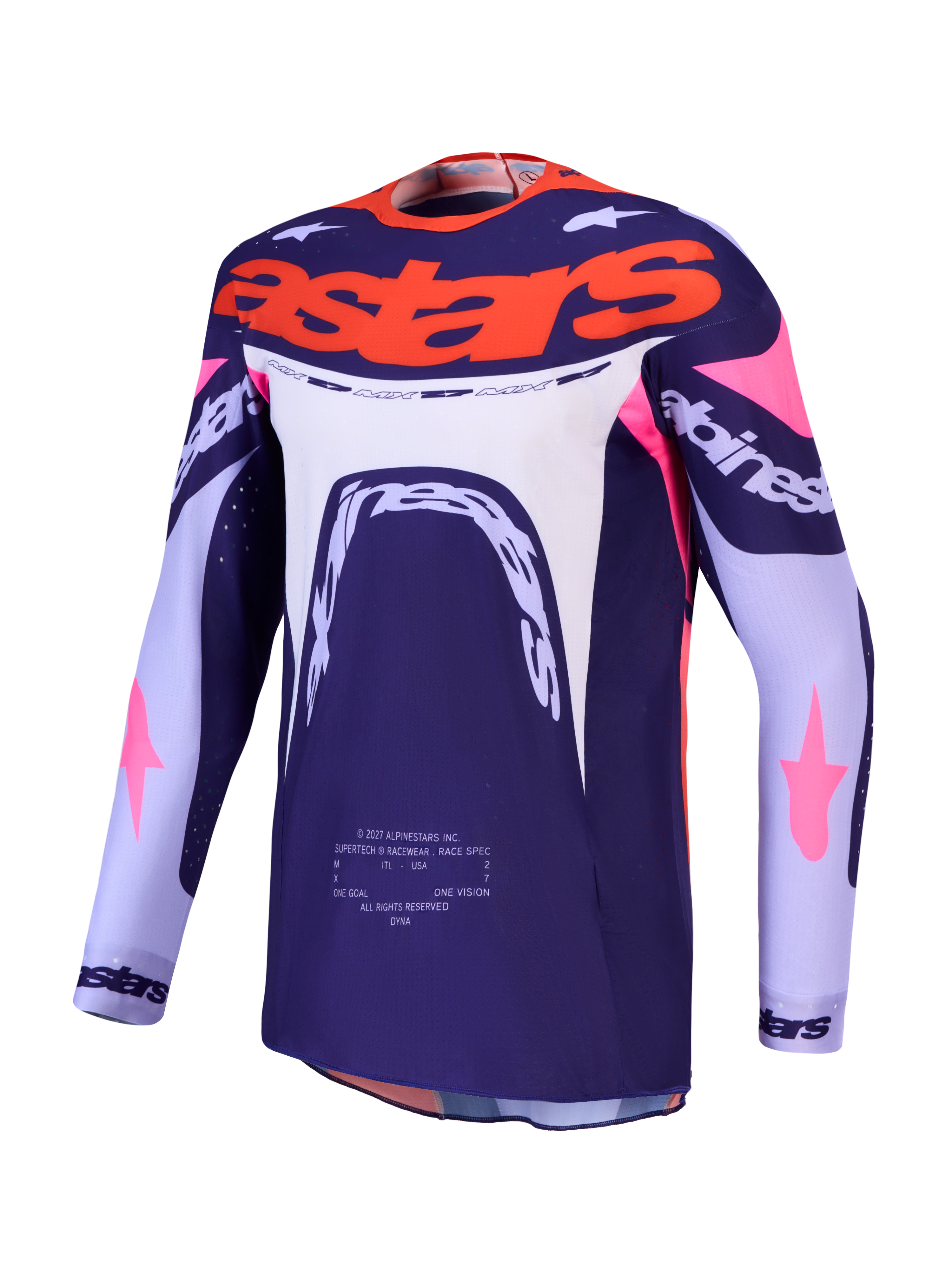Alpinestars Supertech Dyna Jersey, paars en roze fluo motocrossjersey met geventileerd stretchmesh en atletische pasvorm.