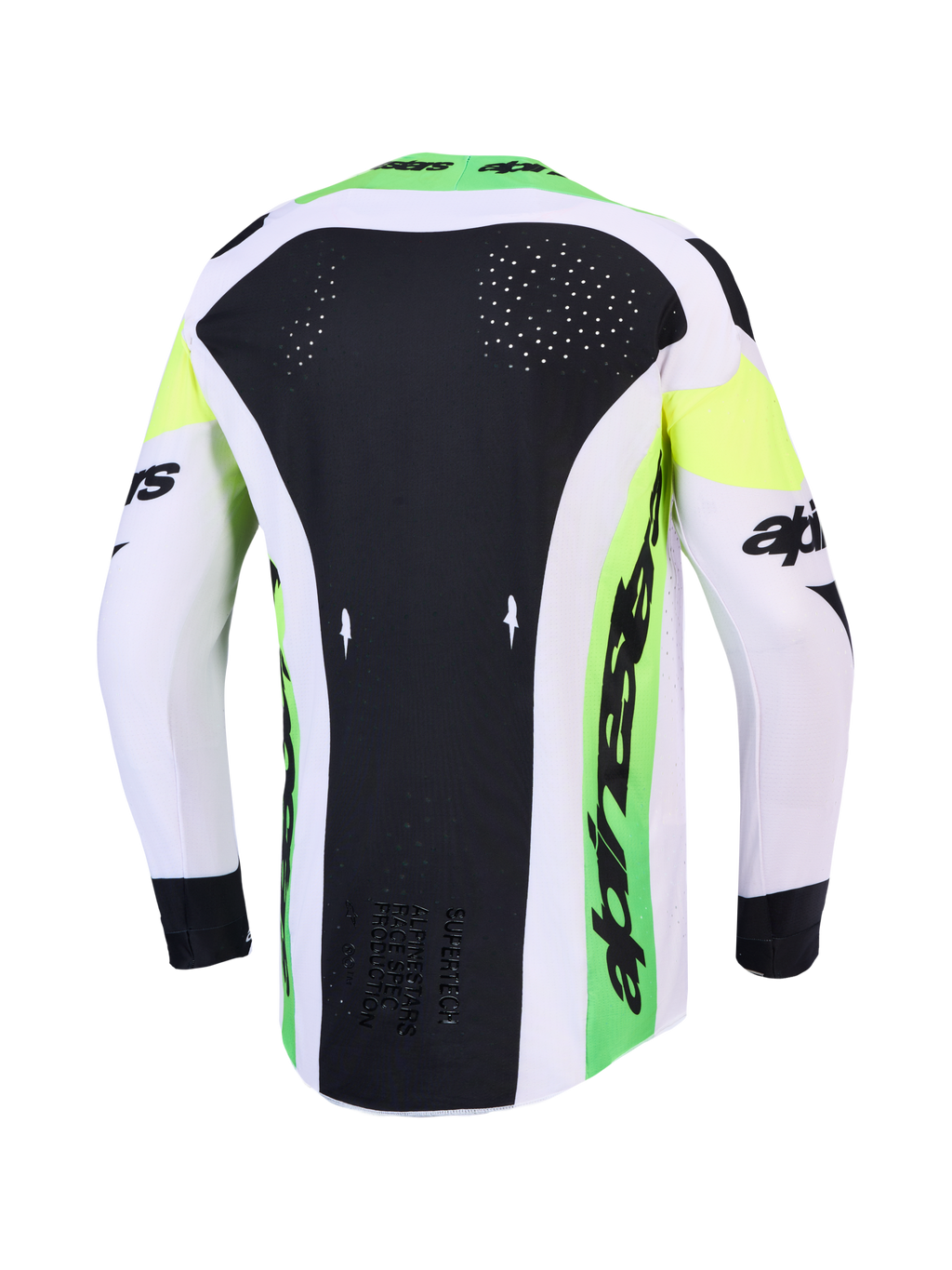 Alpinestars Supertech Dyna Jersey 2027 en Gear Set, groene en zwarte heren motorcrossjersey met lasergesneden rugventilatie.
