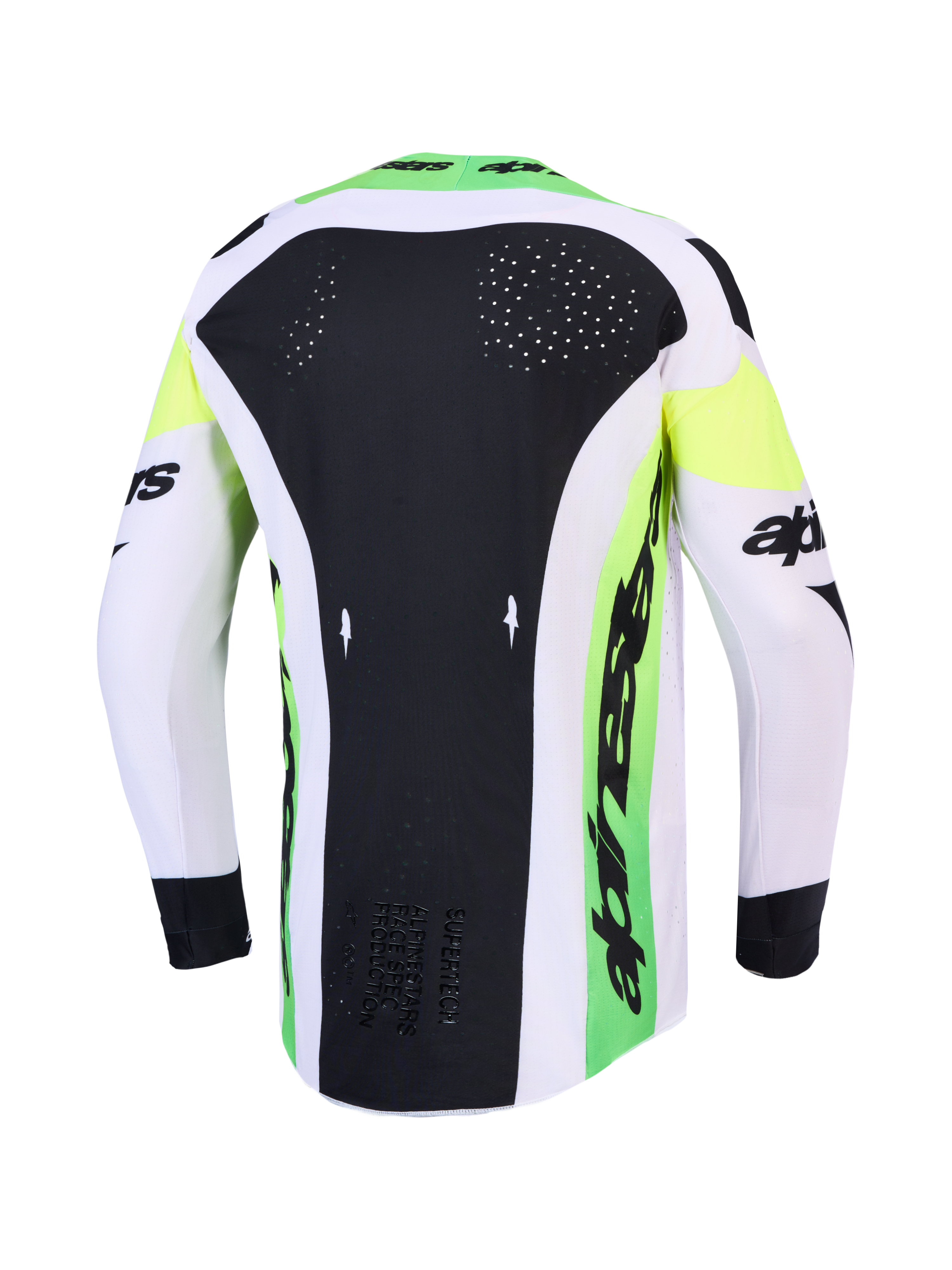 Alpinestars Supertech Dyna Jersey 2027 en Gear Set, groene en zwarte heren motorcrossjersey met lasergesneden rugventilatie.