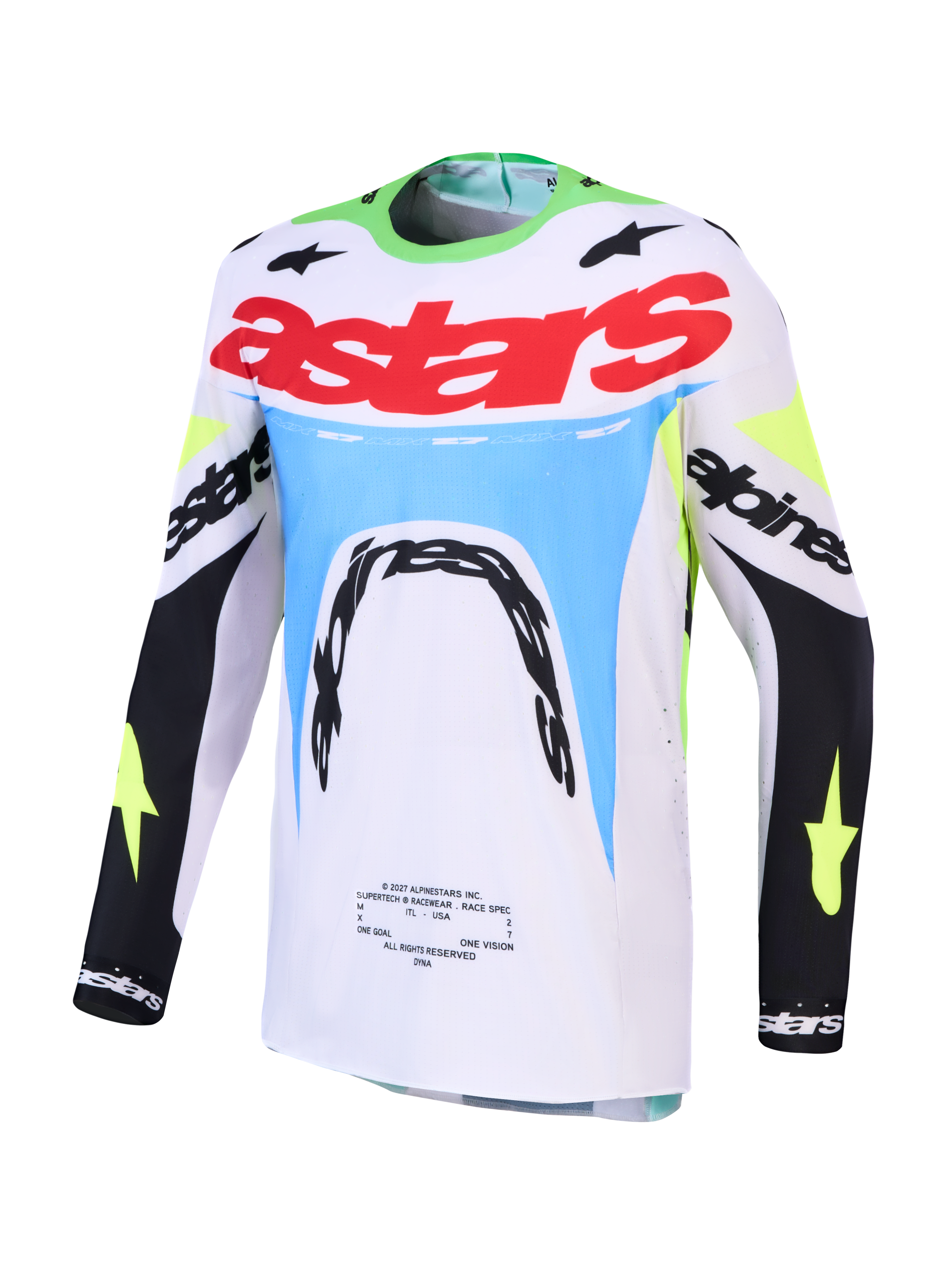 Alpinestars 2027 Supertech Dyna jersey, heren-motorcrossjersey in wit en fluo groen met atletische mesh-pasvorm.