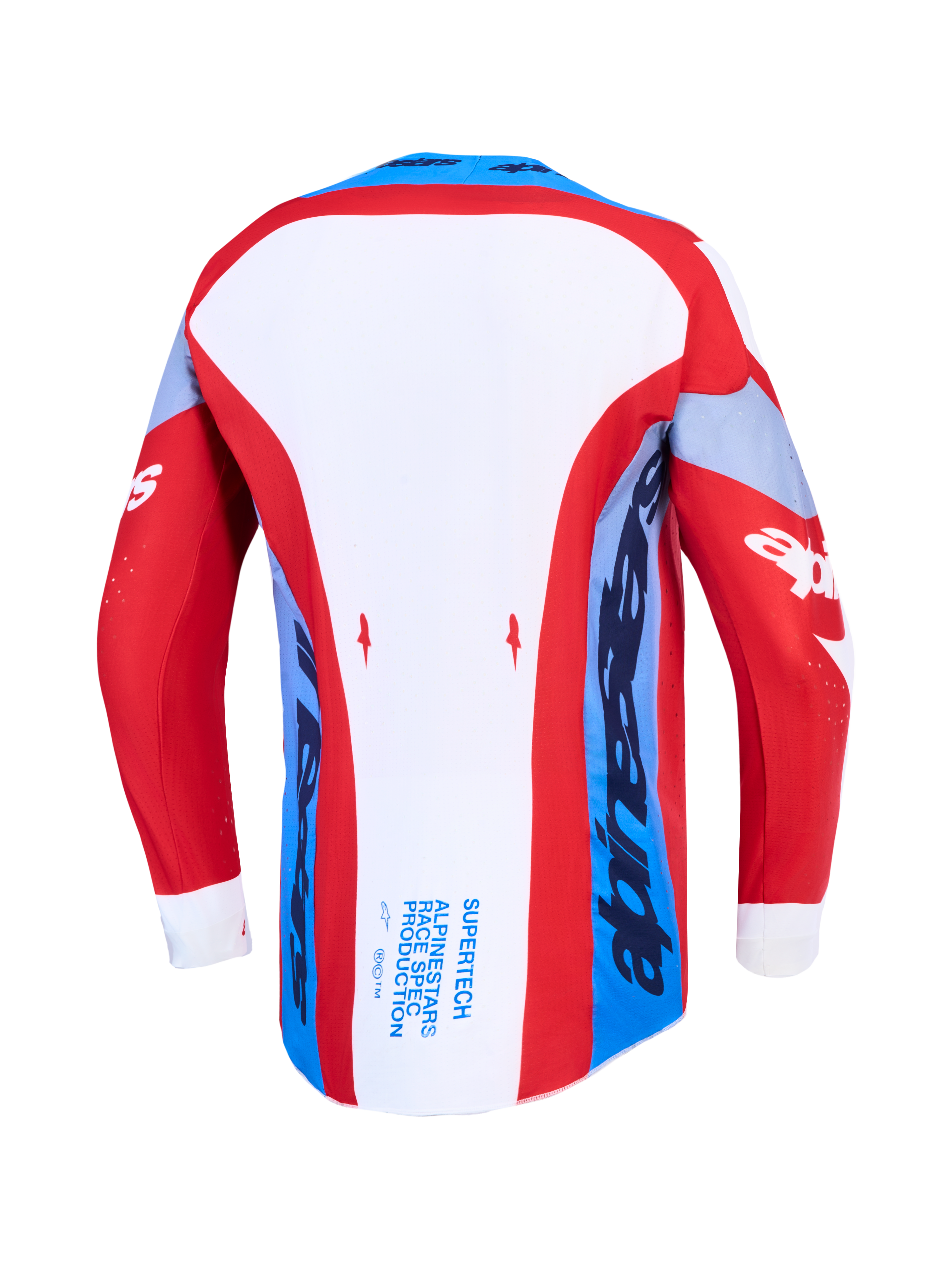 Alpinestars Supertech Dyna jersey, rood, wit en blauw motocrossjersey, achteraanzicht met verlengde achterzoom
