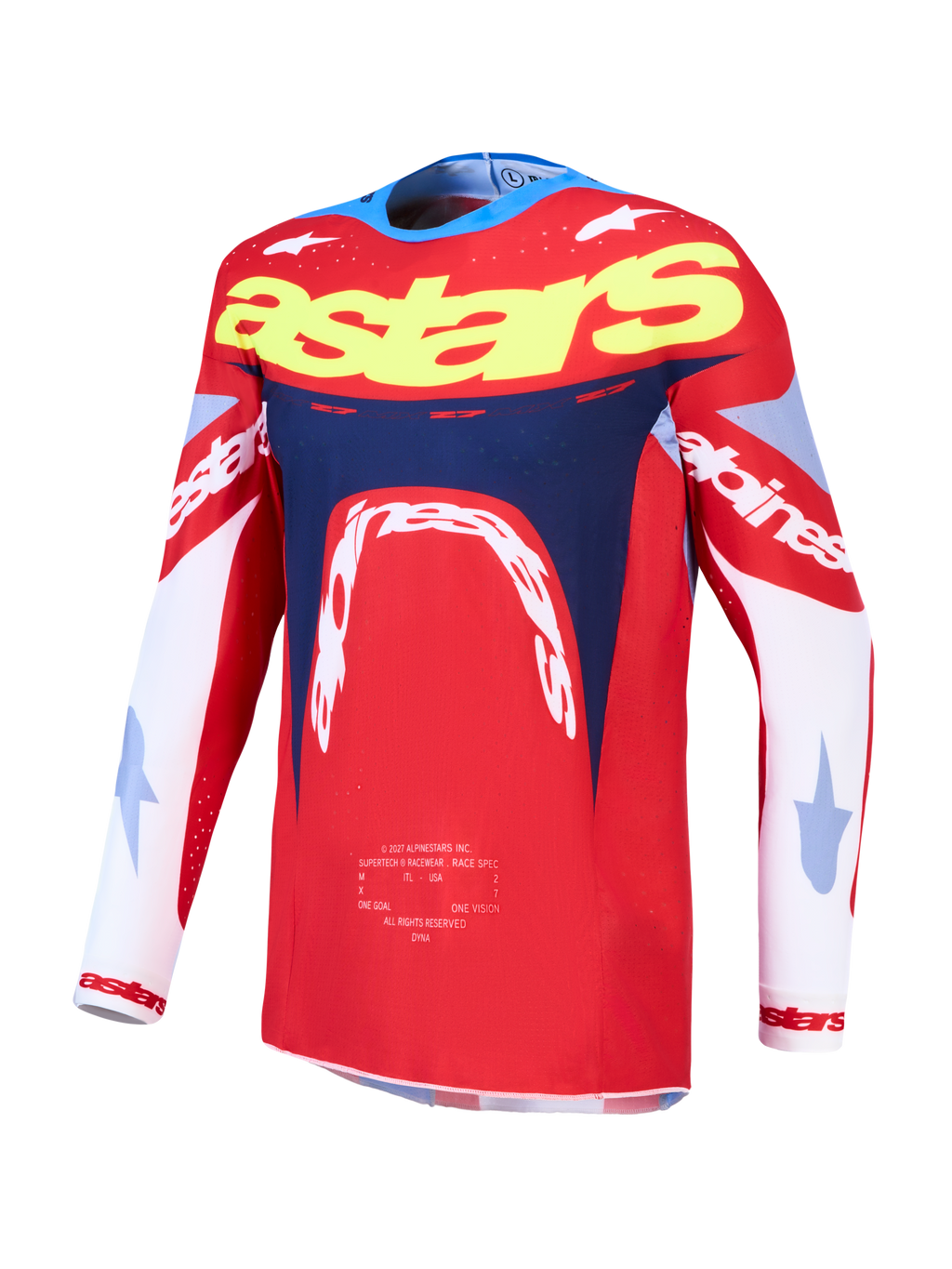 Alpinestars Supertech Dyna jersey, heren motorcrossjersey voor racing, rood en navyblauw, lichtgewicht stretch-mesh constructie met atletische pasvorm.