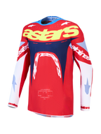 Alpinestars Supertech Dyna jersey, heren motorcrossjersey voor racing, rood en navyblauw, lichtgewicht stretch-mesh constructie met atletische pasvorm.