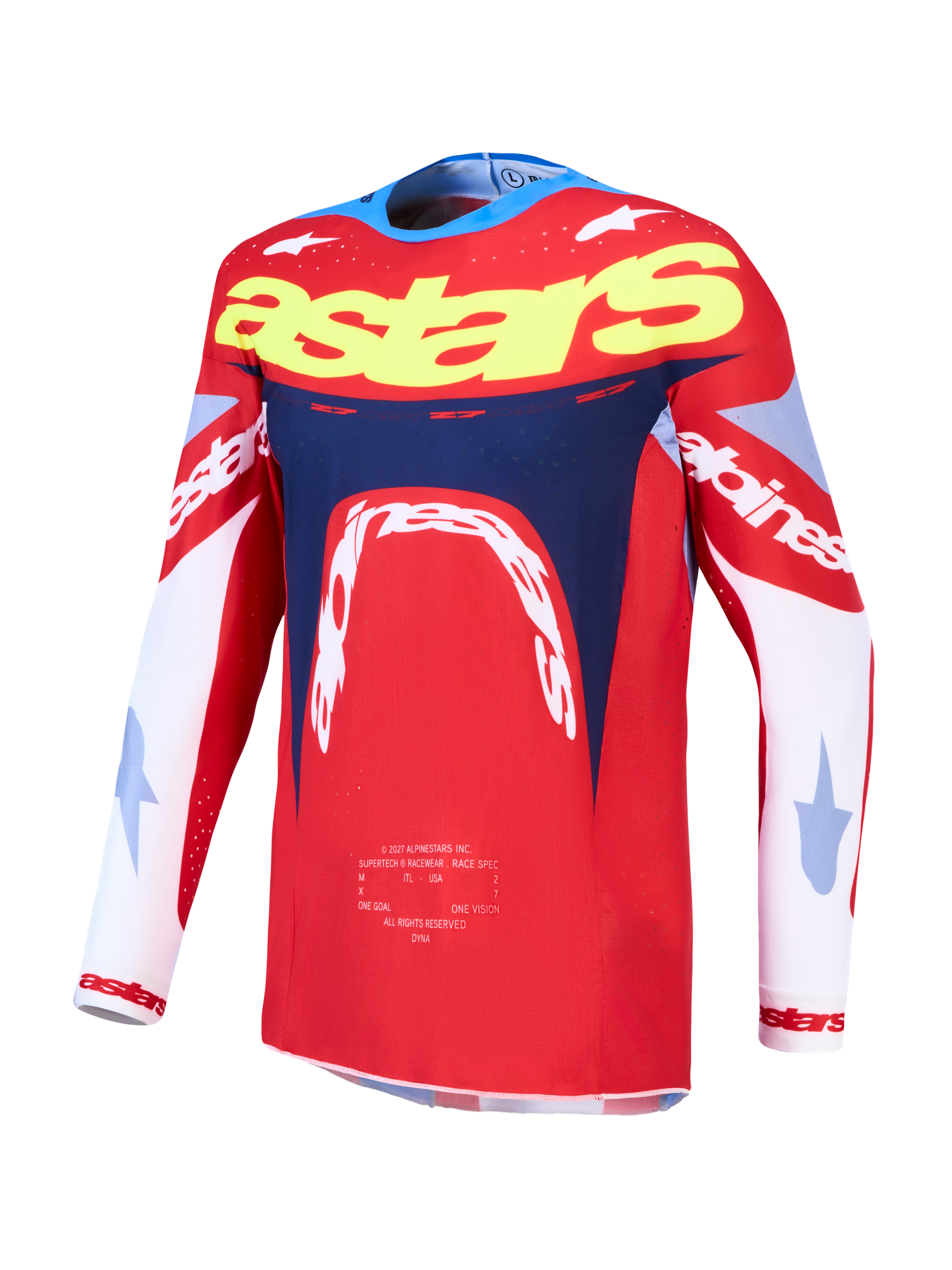 Alpinestars Supertech Dyna jersey, heren motorcrossjersey voor racing, rood en navyblauw, lichtgewicht stretch-mesh constructie met atletische pasvorm.