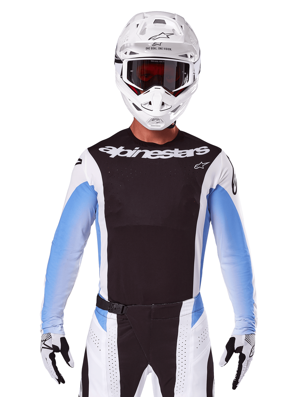 Maillot Alpinestars Techstar Melt 2025, équipement de course de motocross, noir, blanc et bleu, maillot à manches longues avec pantalon et gants assortis, pilote portant une tenue de MX complète avec casque blanc et lunettes