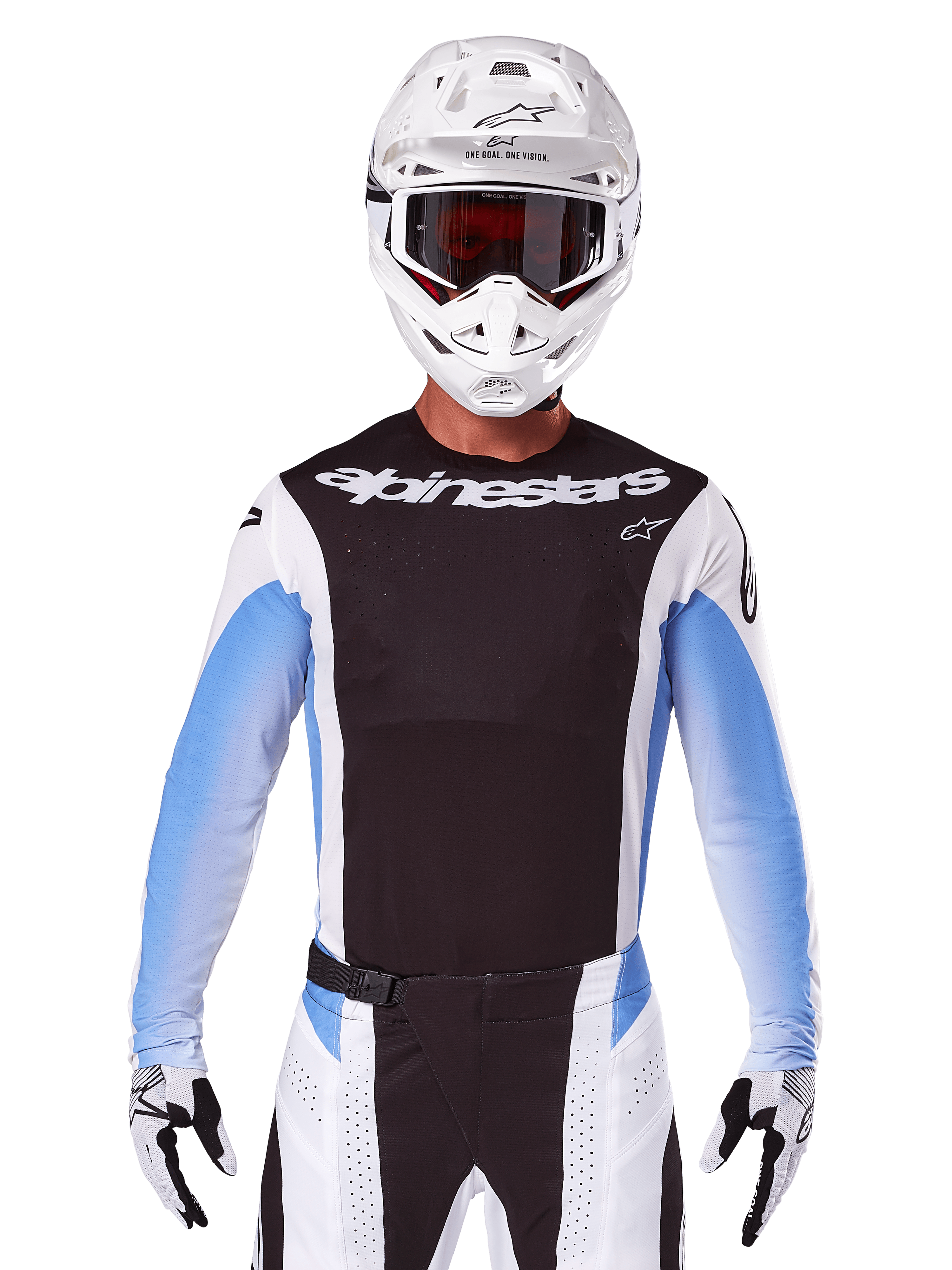 Alpinestars 2025 Techstar Melt Jersey, Motocross Racing Gear, Black White and Blue, Long Sleeve Jersey with matching pants and gloves, Rider wearing complete MX outfit with white helmet and goggles
