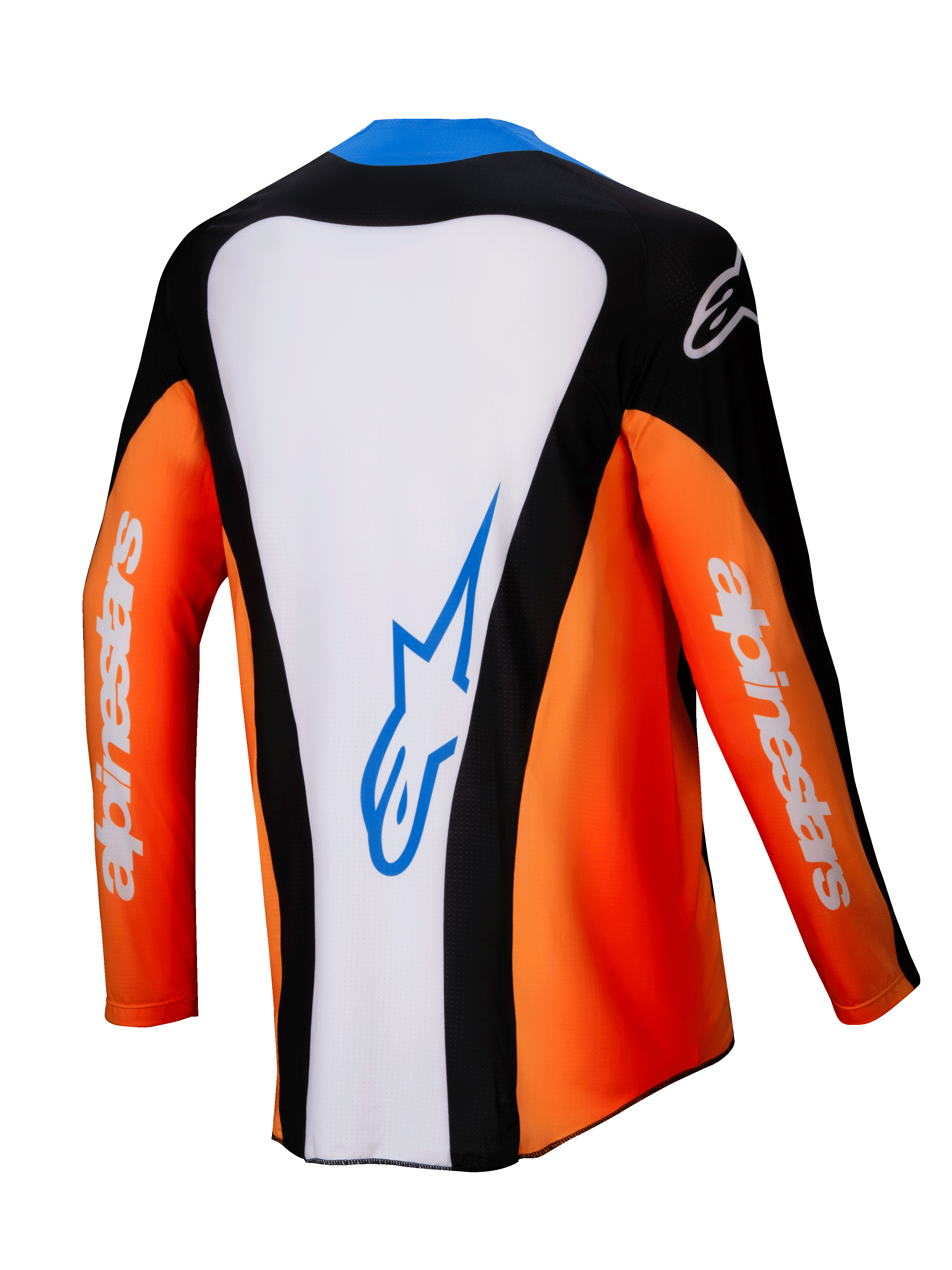 Maillot Alpinestars Techstar Melt 2025, maillot de motocross, vue de dos, orange, blanc et noir avec accents bleus, panneau central blanc avec logo bleu, manches orange avec marquage blanc, équipement de course tout-terrain haute performance