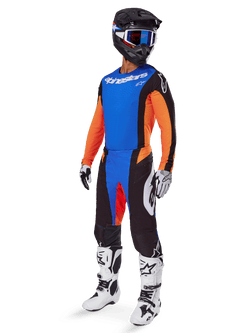 2025 Techstar Melt Gear Set, Complete Motocross Outfit, Blue Jersey with Orange Sleeves, Black Pants with Blue and Red Accents, Black Helmet with White and Blue Details, White Gloves and Boots with Black Patterns, Protective Racing Gear