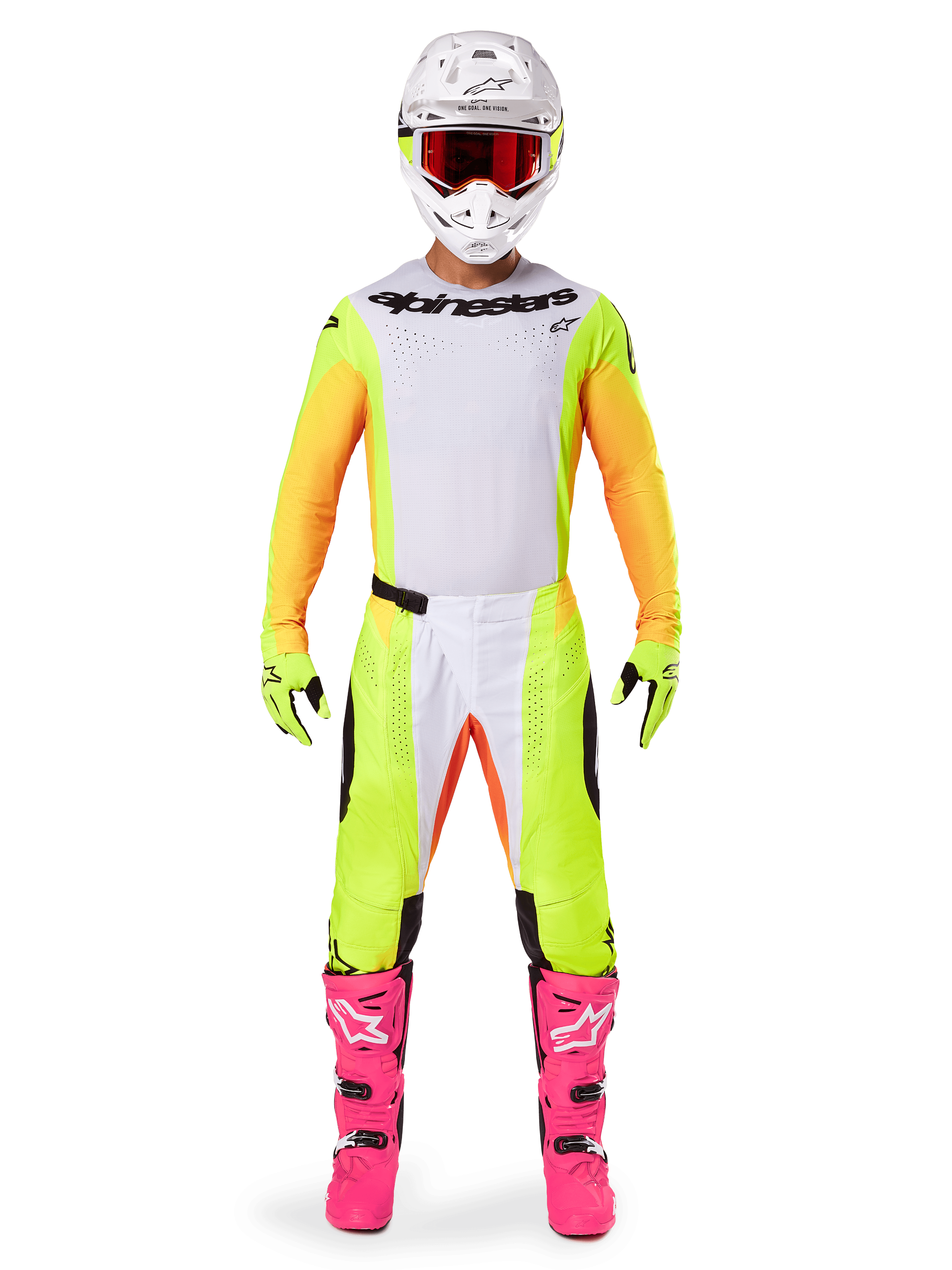 Alpinestars 2025 Techstar Melt Trikot, Motocross-Fahrer in kompletter Ausrüstung, weiß-gelbes Trikot mit orangenen Ärmeln, passende gelbe Hose, leuchtend pinke Stiefel, weißer Helm mit roter Schutzbrille, abgestimmte Offroad-Rennausrüstung