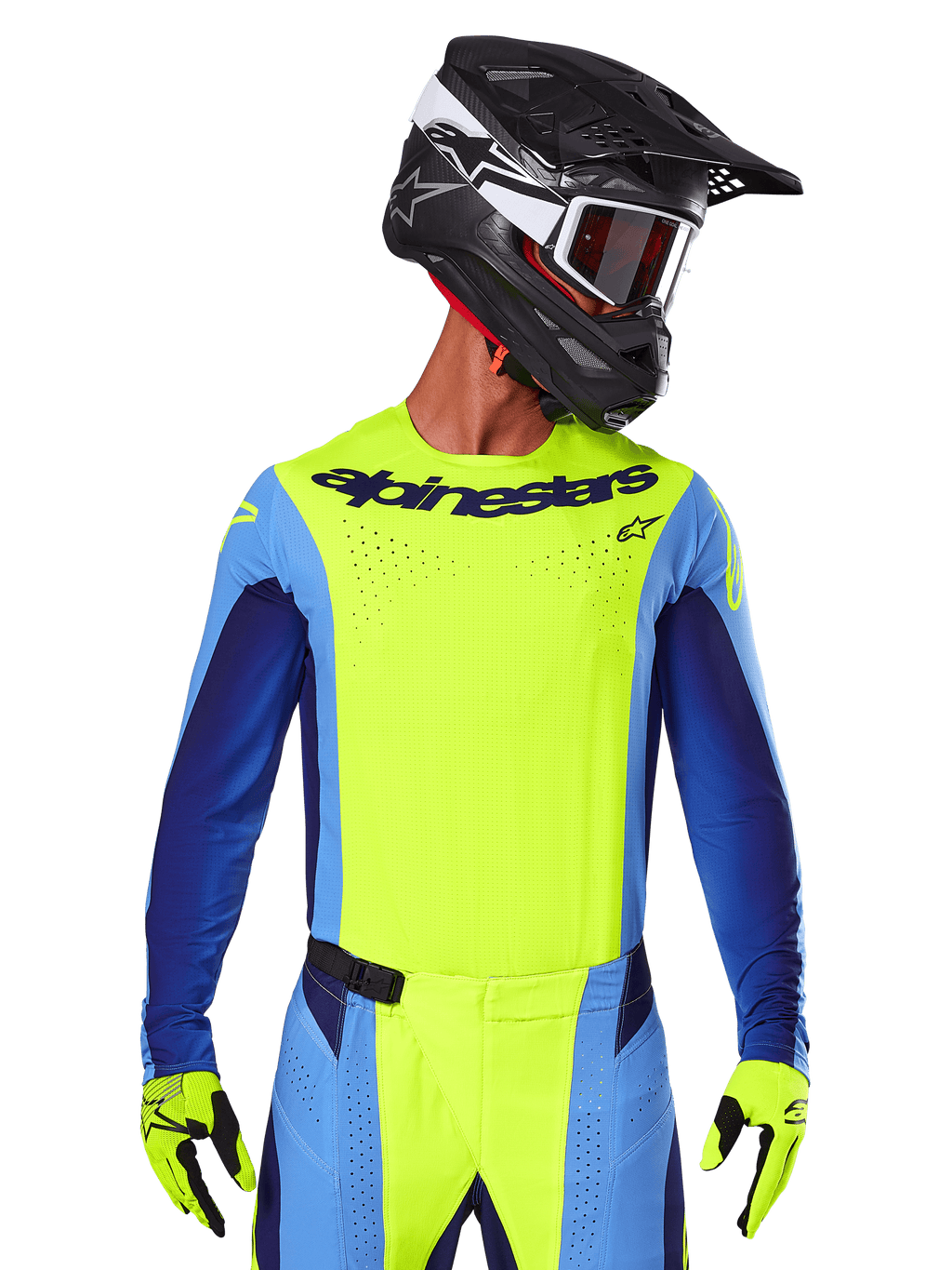 Maillot Alpinestars Techstar Melt 2025, maillot de motocross, jaune fluo et bleu, avec ventilation découpée au laser et coupe sportive de compétition, porté par un pilote avec un casque noir et des gants jaune fluo