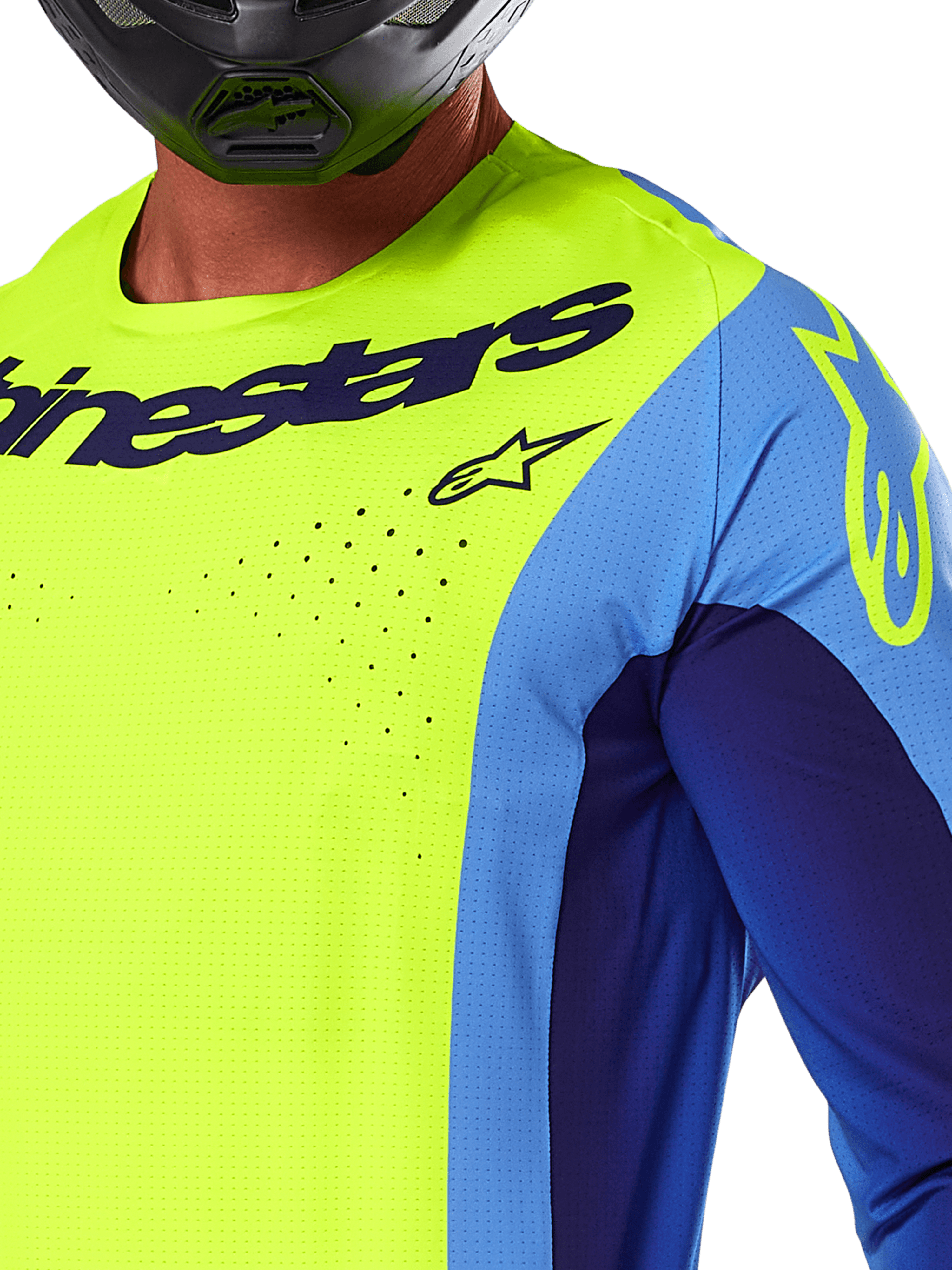 Maillot Alpinestars Techstar Melt 2025, maillot de motocross, jaune fluo et bleu, avec perforations découpées au laser et logo imposant sur la poitrine, coupe athlétique pour la course tout-terrain, vue rapprochée avec un casque noir