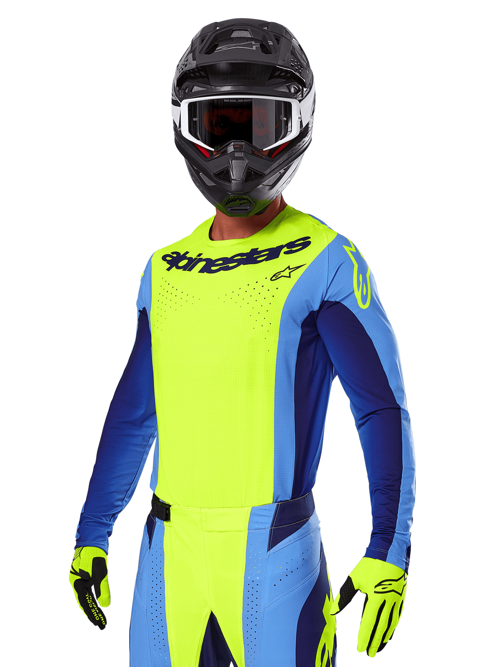 Ensemble de motocross Alpinestars Techstar Melt 2025, pilote de motocross portant un maillot jaune vif et bleu avec un pantalon assorti, casque noir avec lunettes blanches et noires, gants jaunes, équipement de course tout-terrain coordonné avec logo Alpinestars distinctif et détails perforés