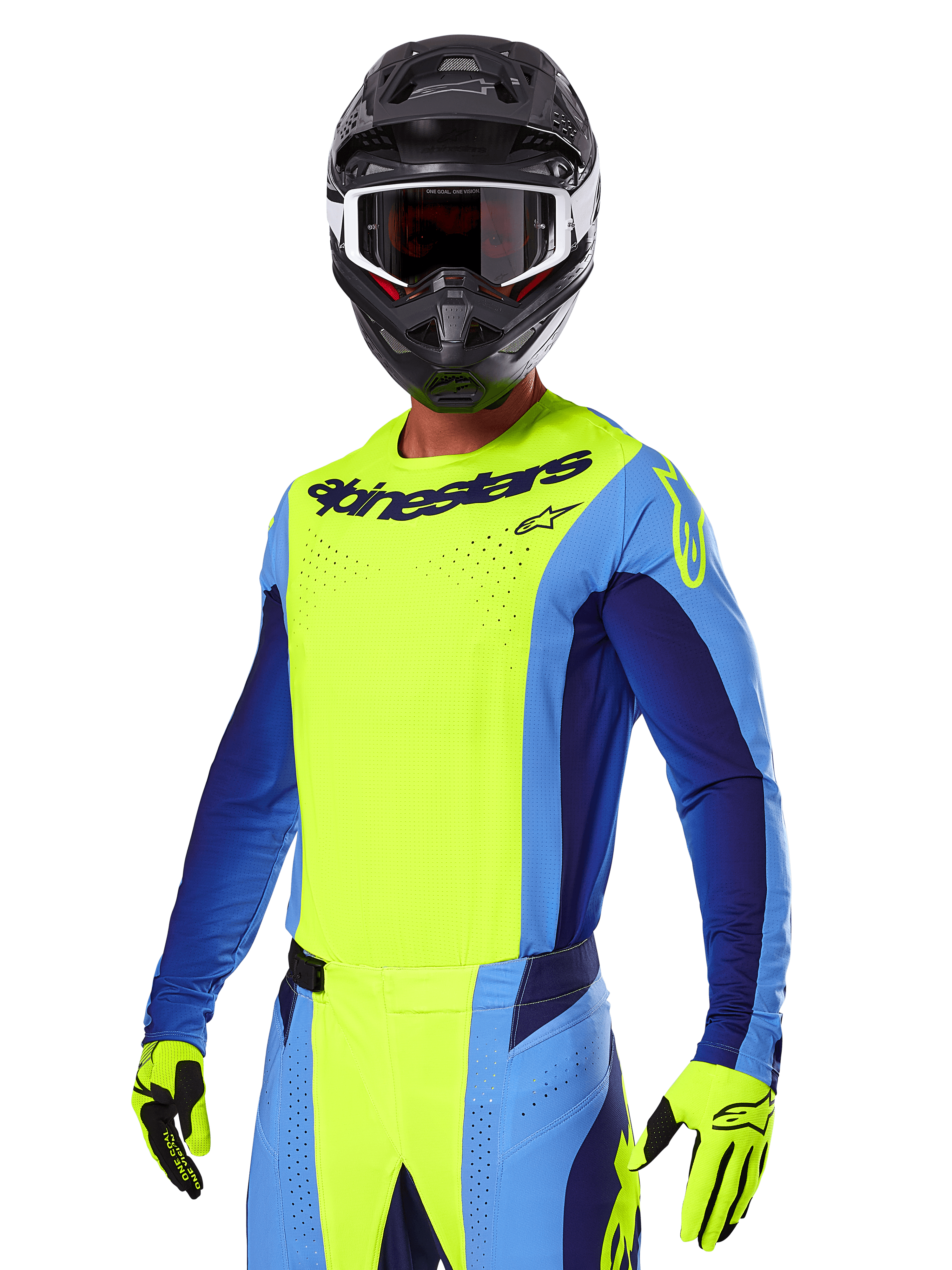 Ensemble de motocross Alpinestars Techstar Melt 2025, pilote de motocross portant un maillot jaune vif et bleu avec un pantalon assorti, casque noir avec lunettes blanches et noires, gants jaunes, équipement de course tout-terrain coordonné avec logo Alpinestars distinctif et détails perforés